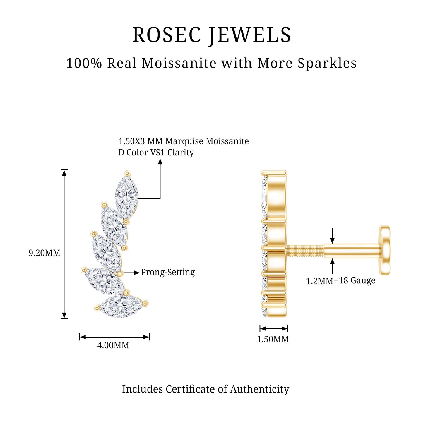Marquise Moissanite Curved Helix Ear Crawler Earring
