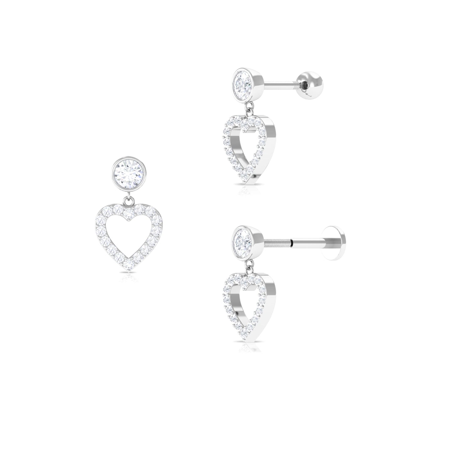 Minimal Moissanite Heart Dangle Earring for Helix Piercing
