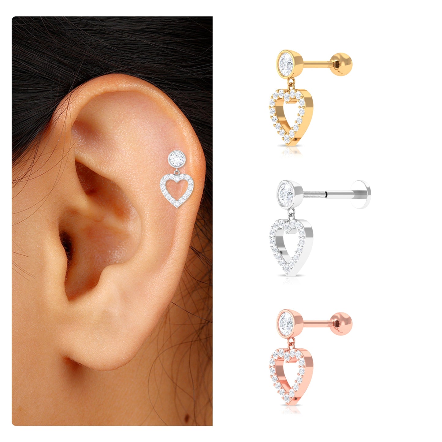 Minimal Moissanite Heart Dangle Earring for Helix Piercing