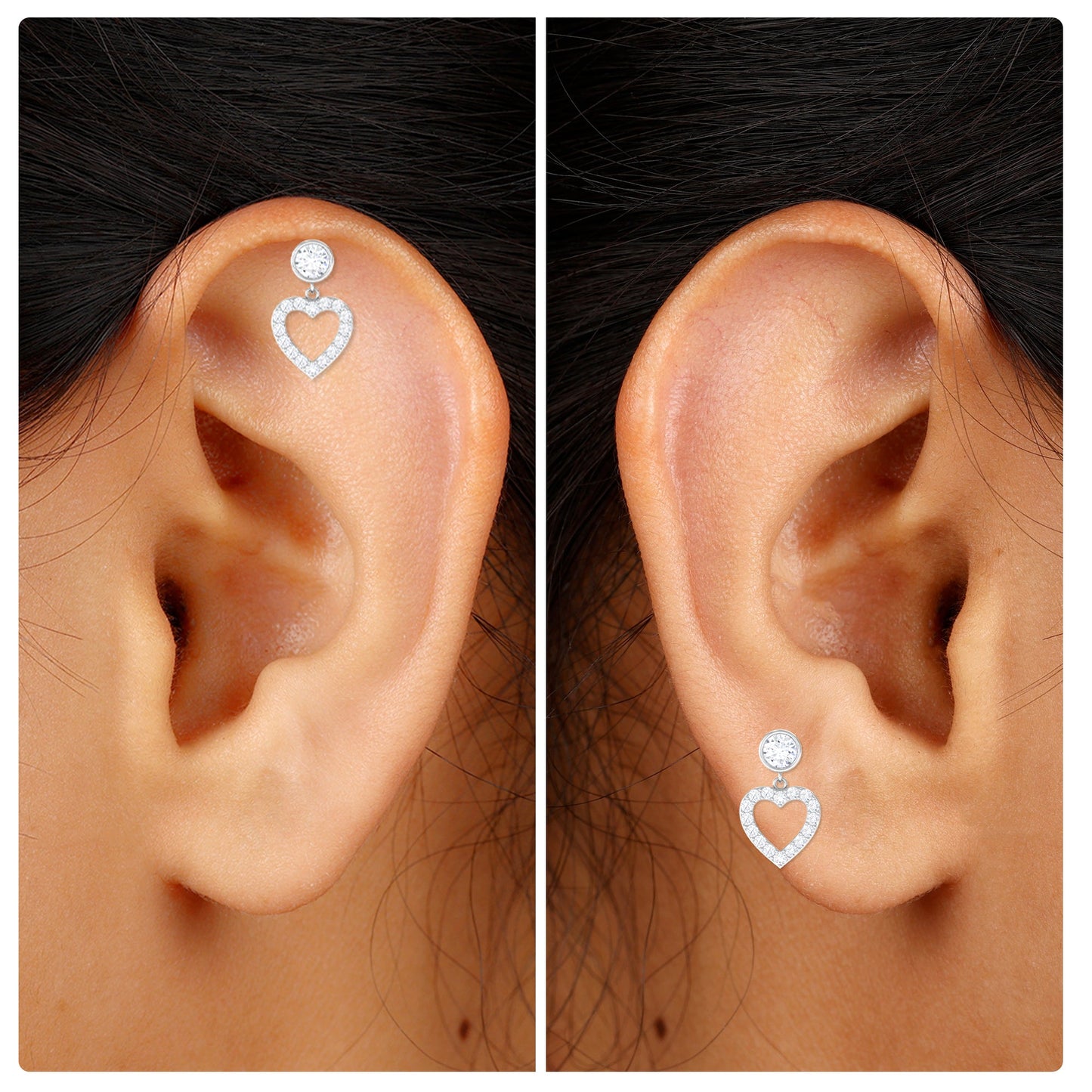 Minimal Moissanite Heart Dangle Earring for Helix Piercing