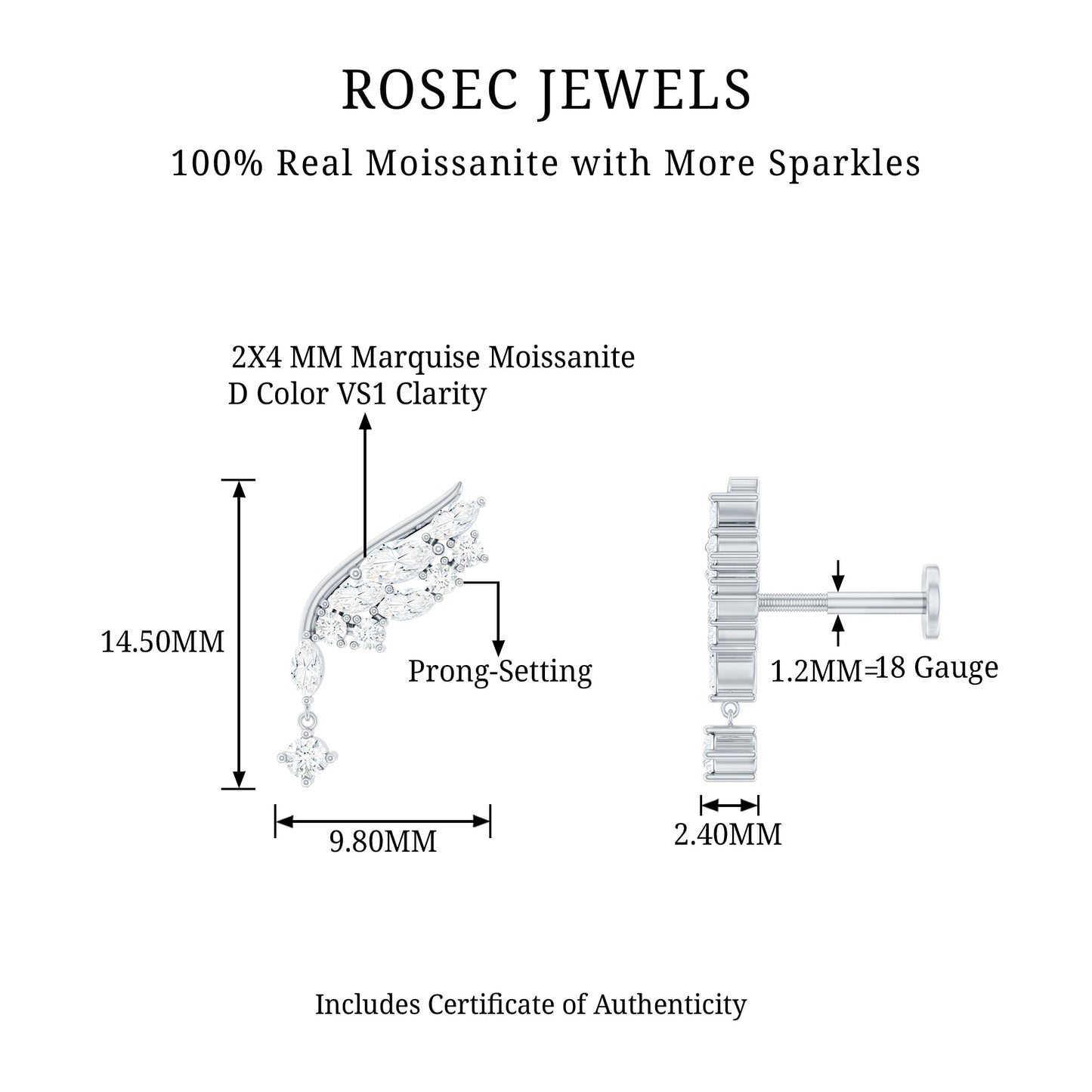 Unique Moissanite Wing Earring for Cartilage Piercing