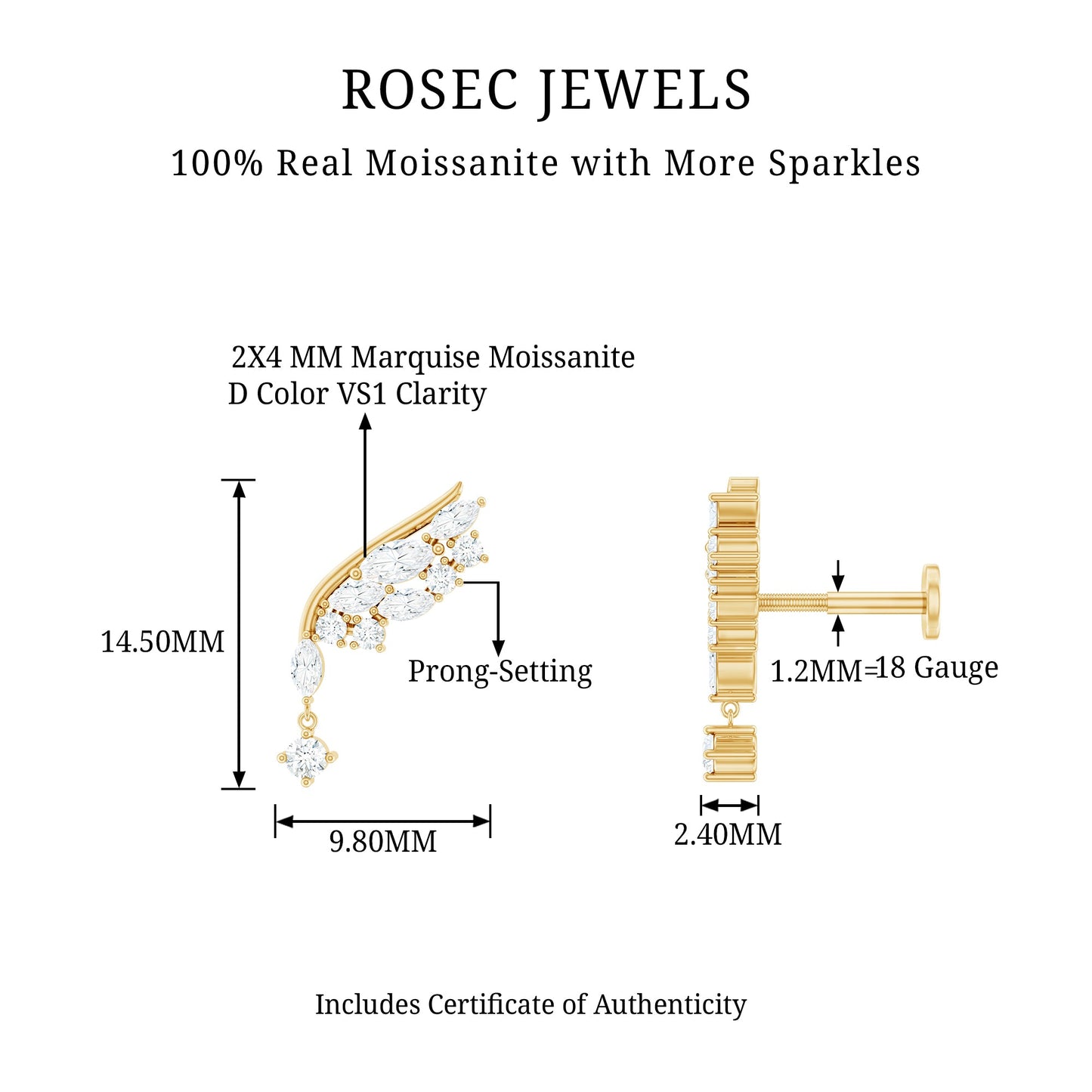 Unique Moissanite Wing Earring for Cartilage Piercing