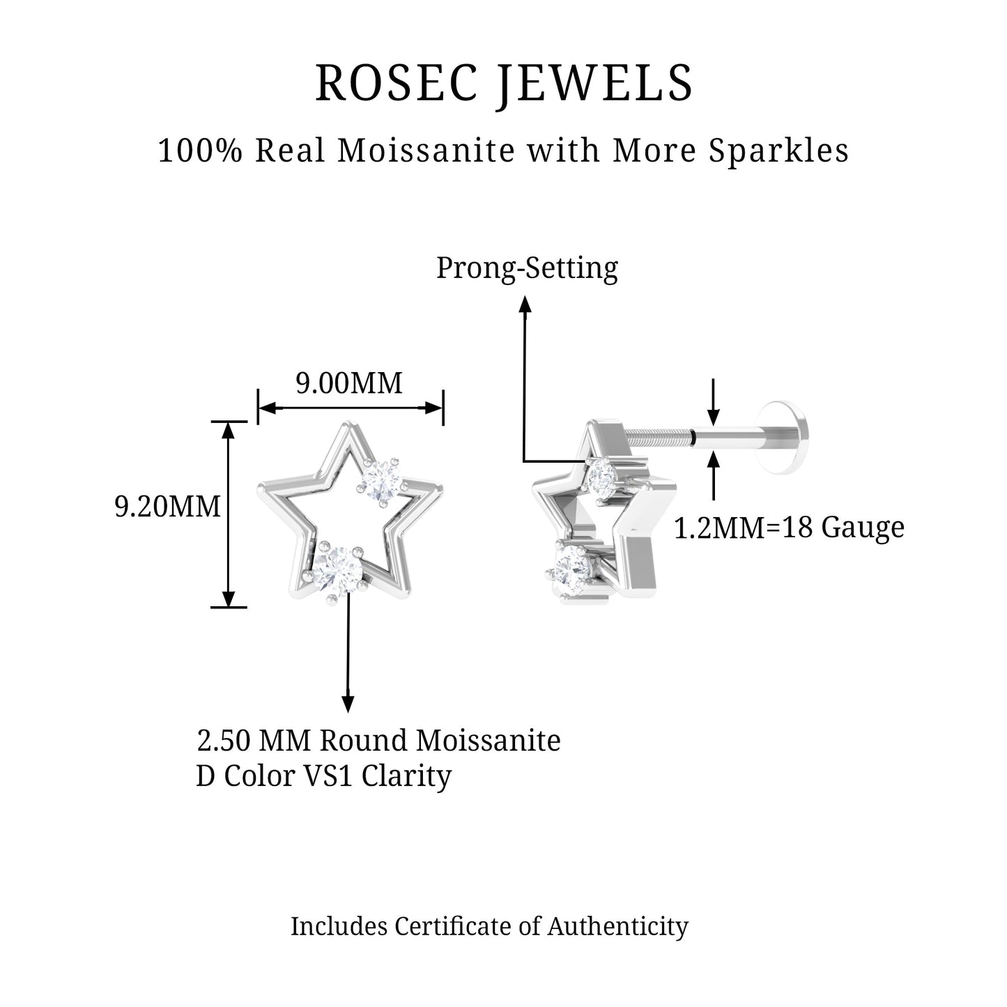 Certified Moissanite Star Shaped Earring for Upper Lobe Piercing