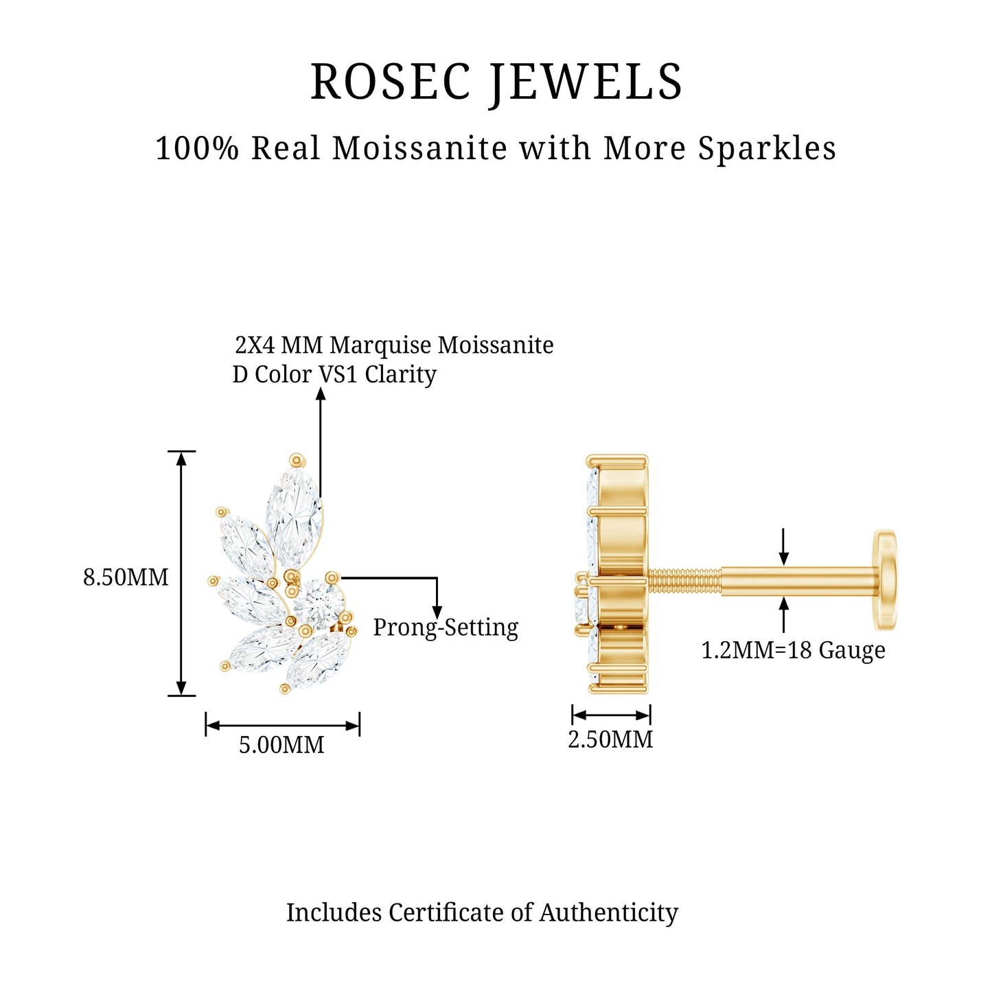 Marquise and Round Cut Moissanite Earring for Cartilage Piercing
