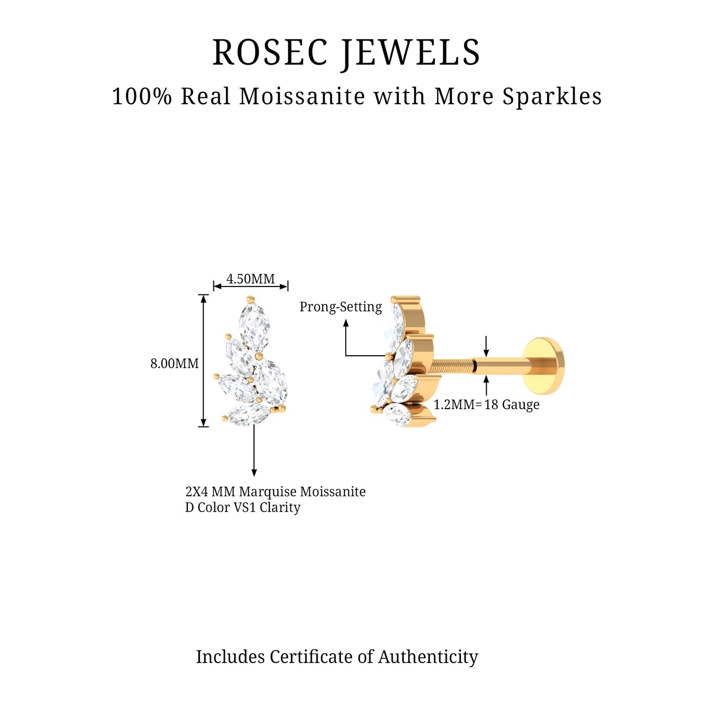 Marquise Moissanite Cluster Earring for Helix Piercing