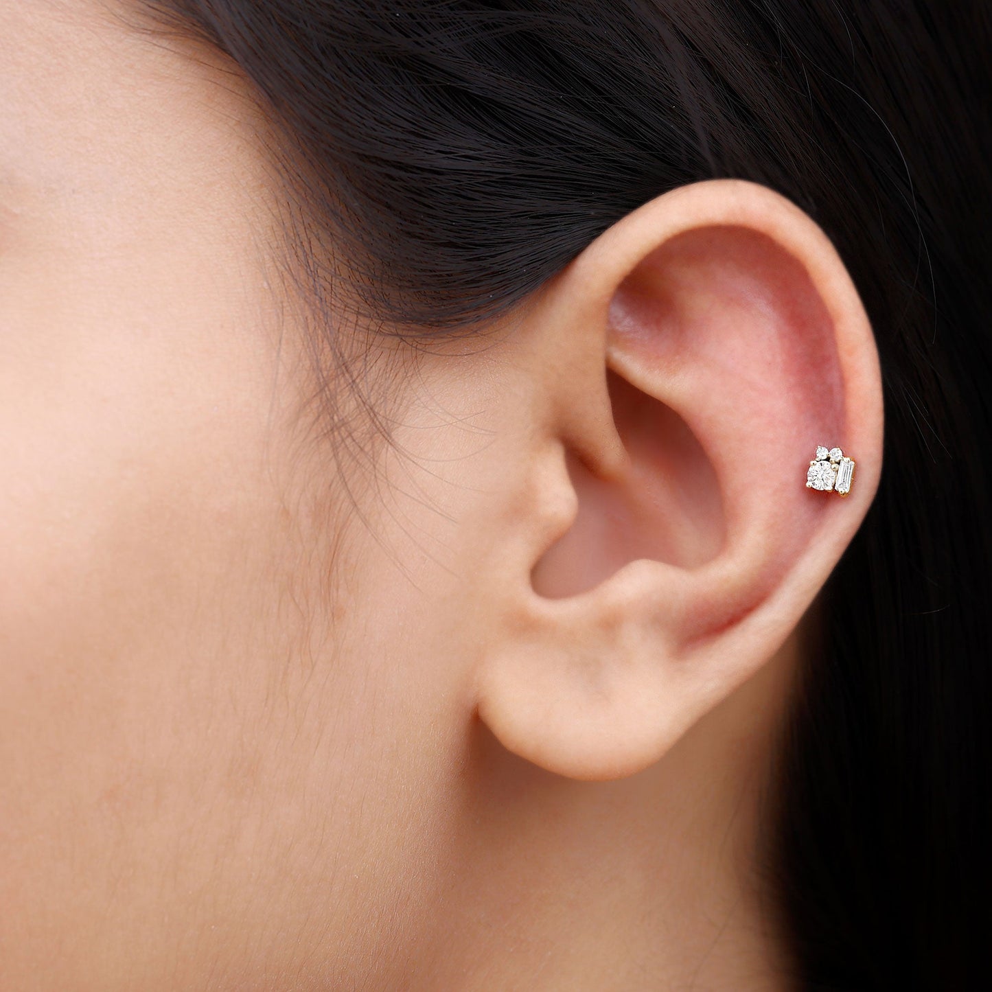 Baguette and Round Moissanite Cluster Tragus Earring