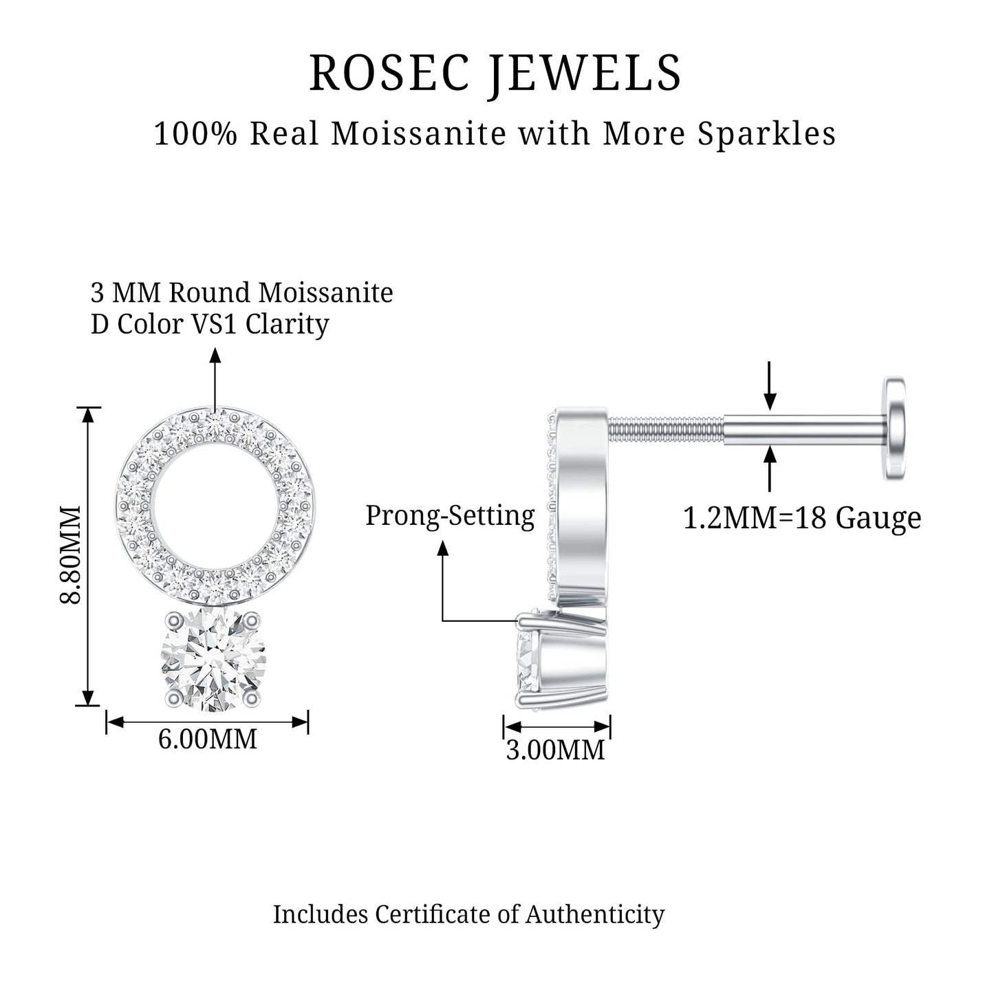 Certified Moissanite Open Circle Cartilage Earring for Women