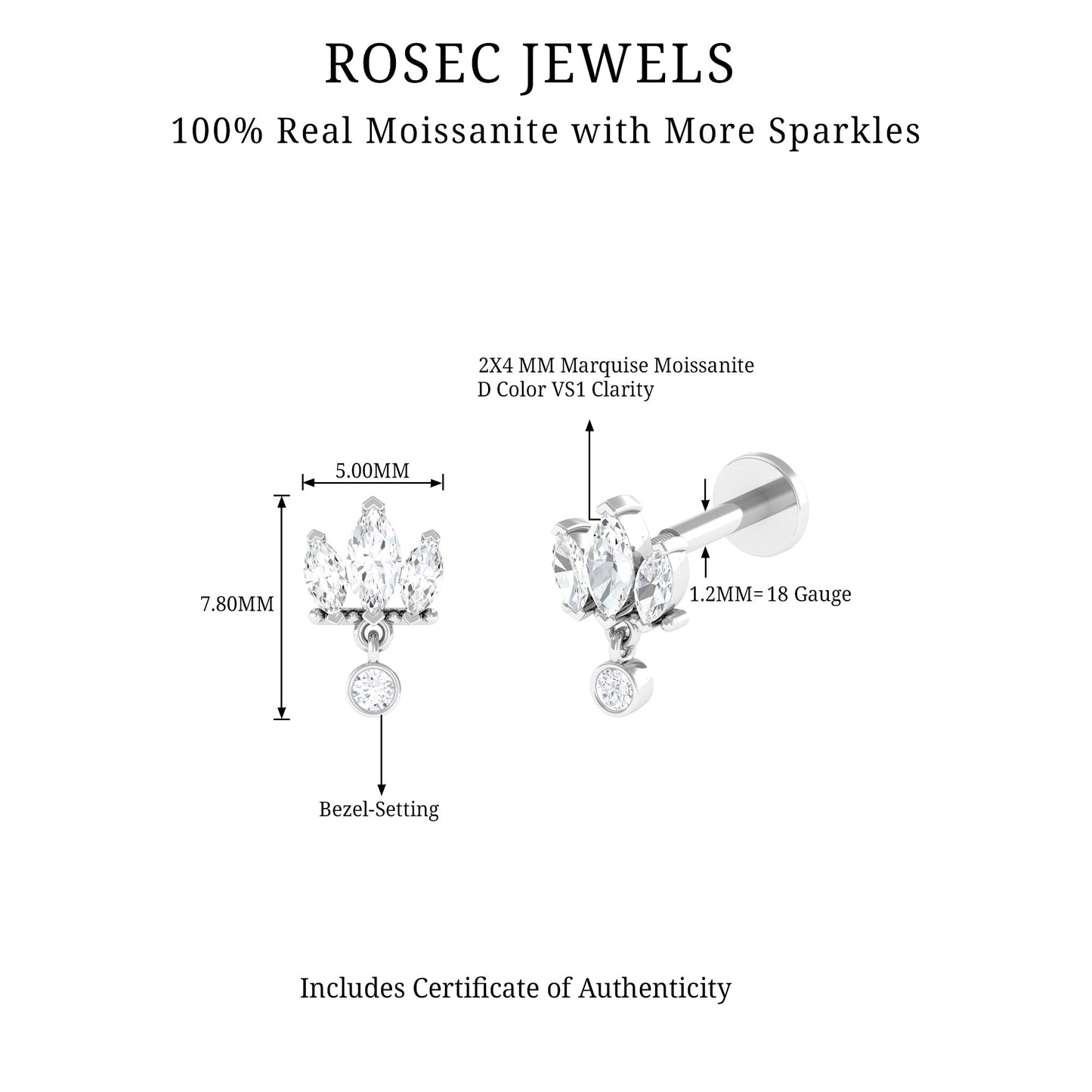 Marquise Moissanite Stud Drop Earring for Helix Piercing