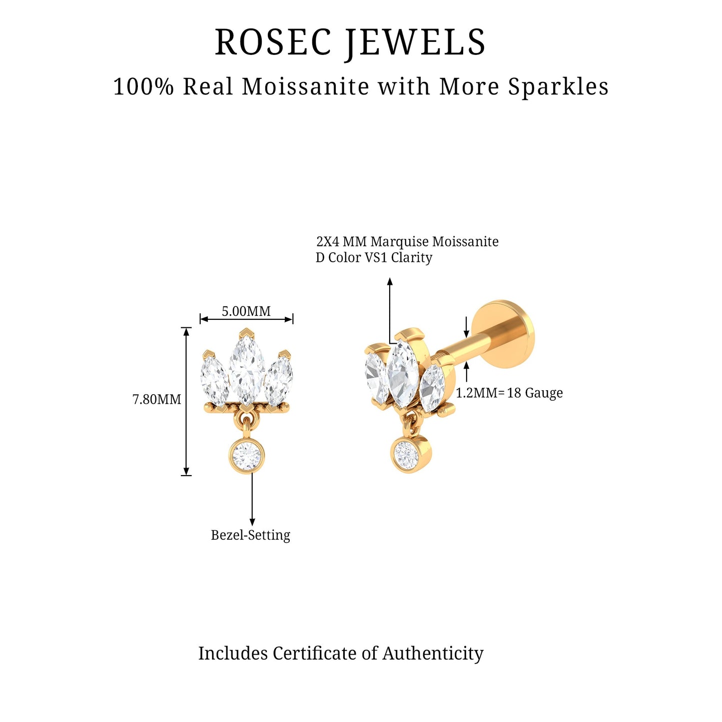 Marquise Moissanite Stud Drop Earring for Helix Piercing