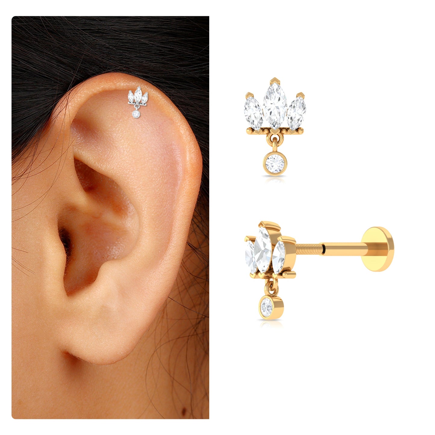 Marquise Moissanite Stud Drop Earring for Helix Piercing