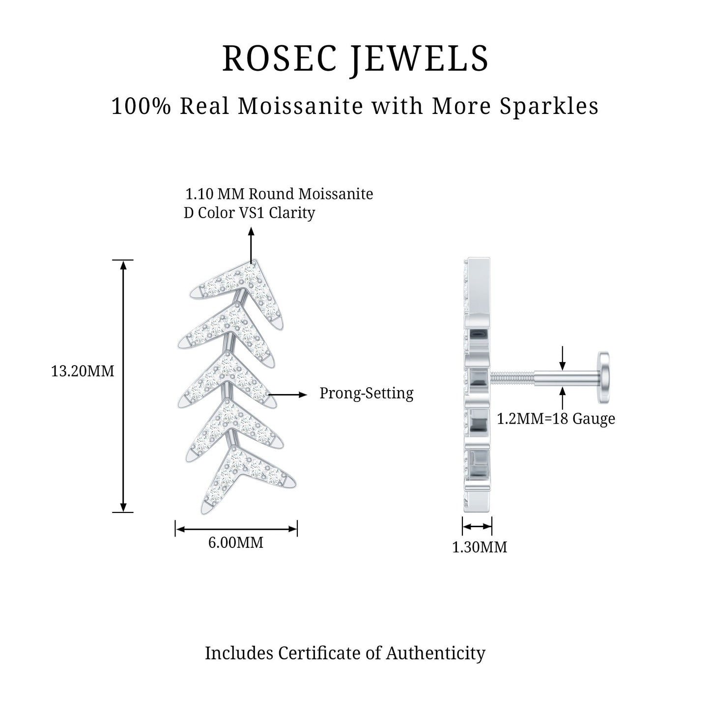 Certified Moissanite Leaf Crawler Earring for Helix Piercing