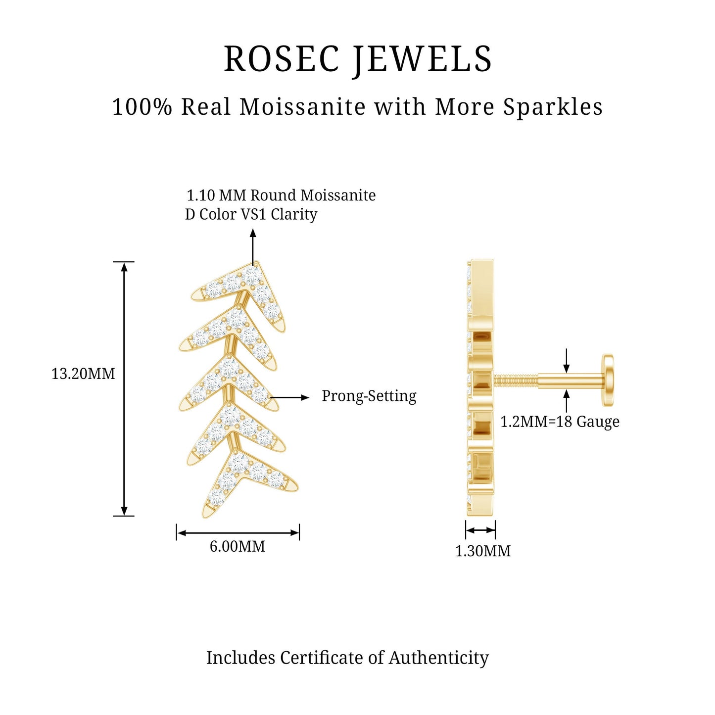 Certified Moissanite Leaf Crawler Earring for Helix Piercing