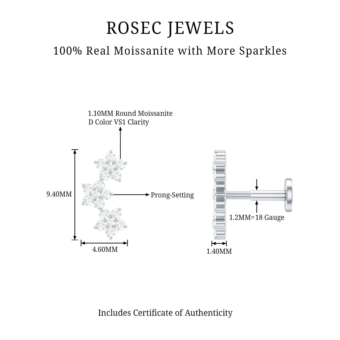Certified Moissanite Three Flower Stud Earring for Helix Piercing
