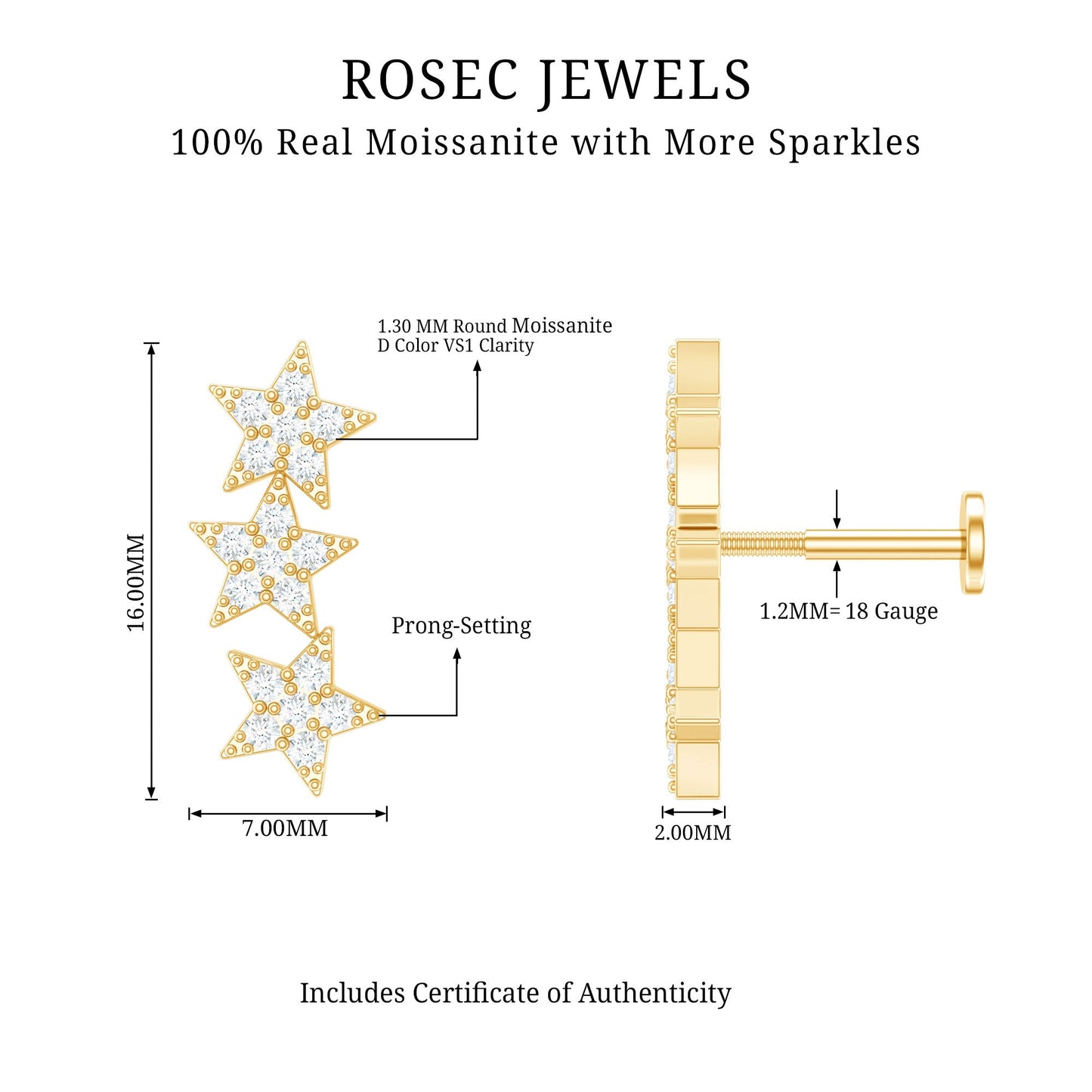 Certified Moissanite Star Ear Crawler Earring