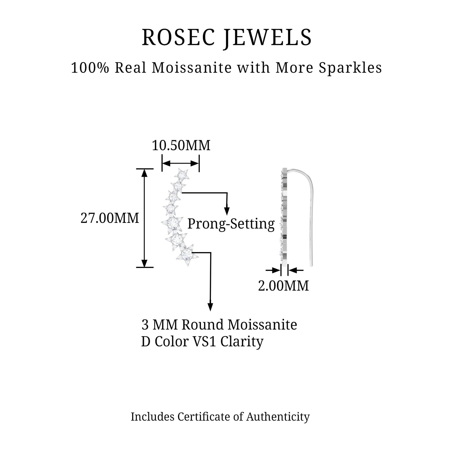 Moissanite Star Climber Earring for Cartilage Piercing