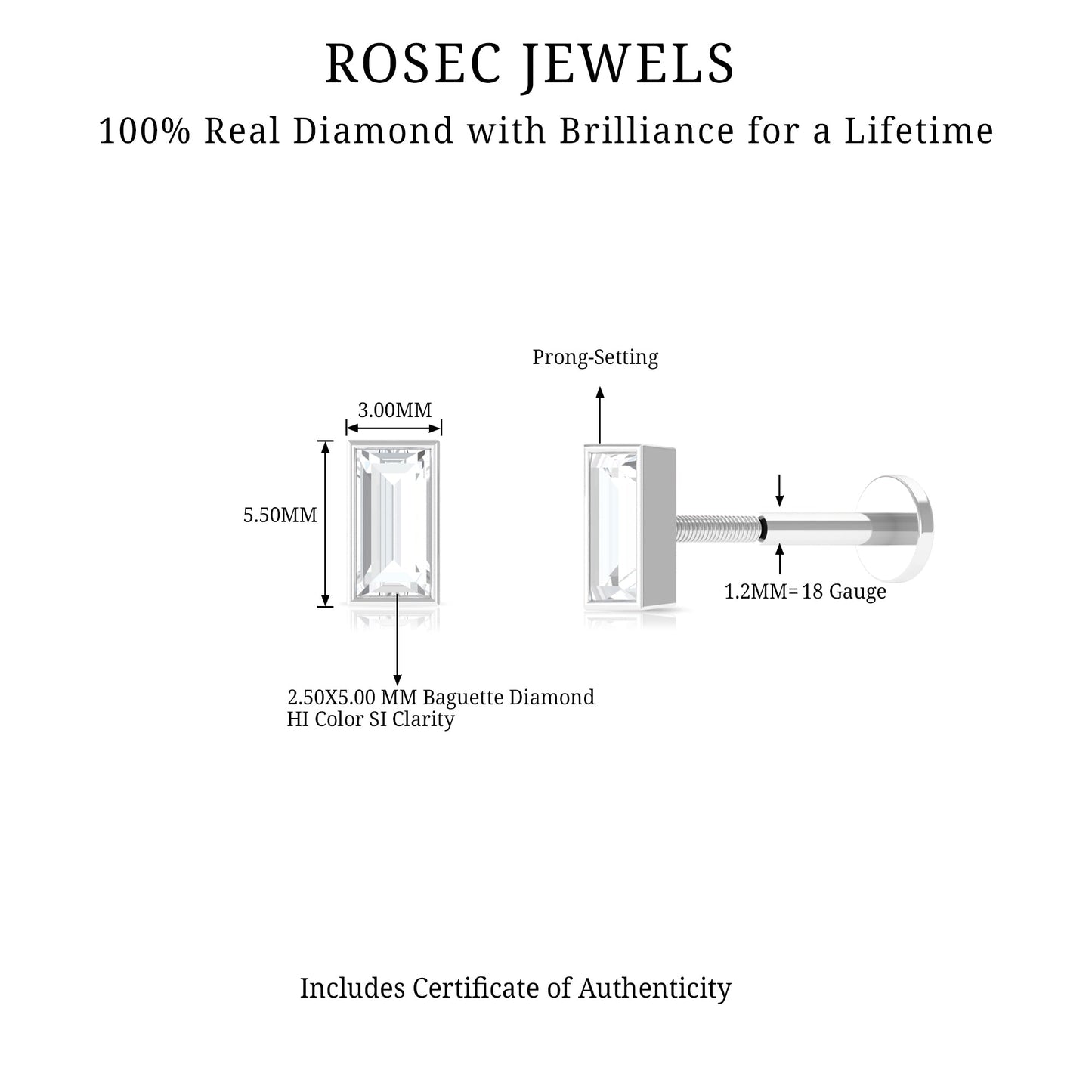 Baguette Diamond Tragus Earring in Bezel Setting