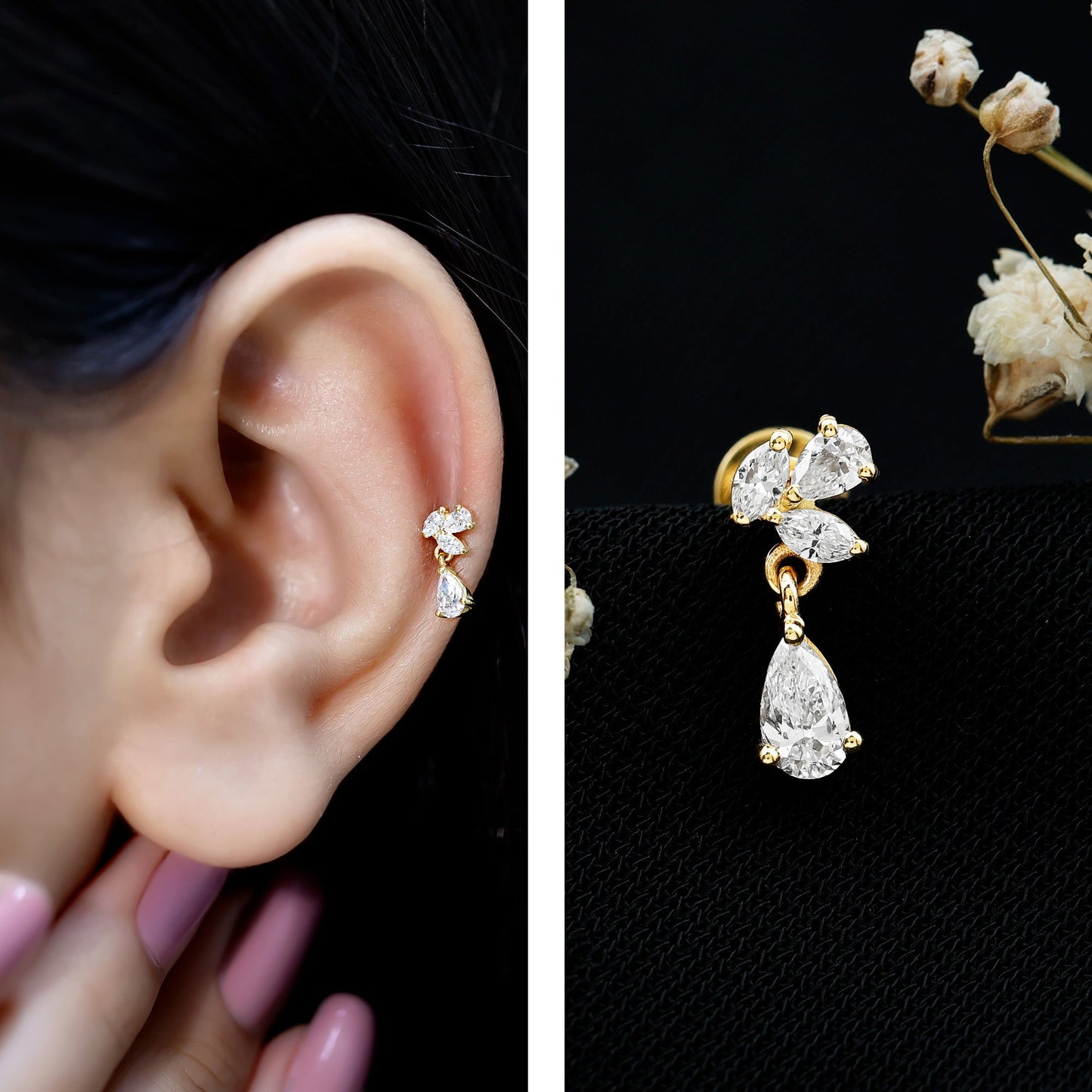 Natural Diamond Teardrop Cartilage Earring With Certificate