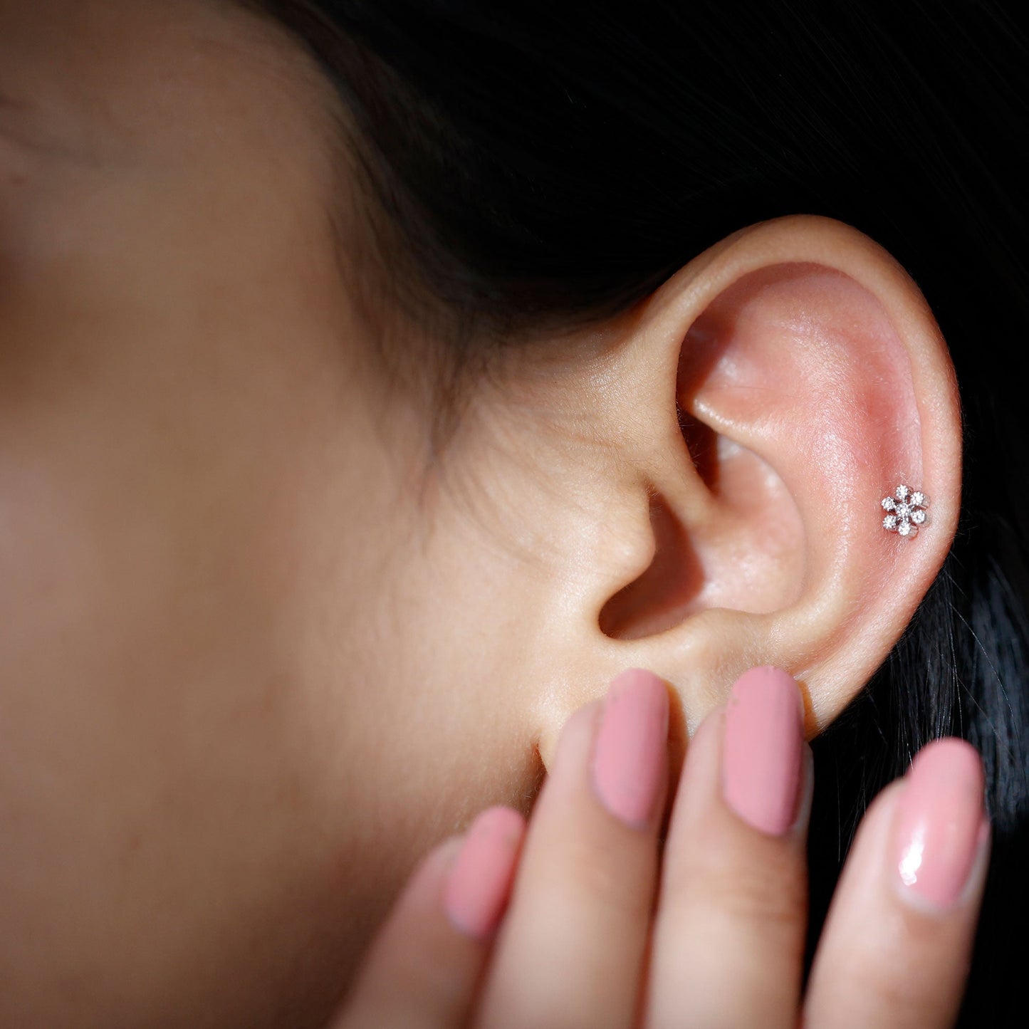 Moissanite Flower Cartilage Earring in Beaded Bezel Setting