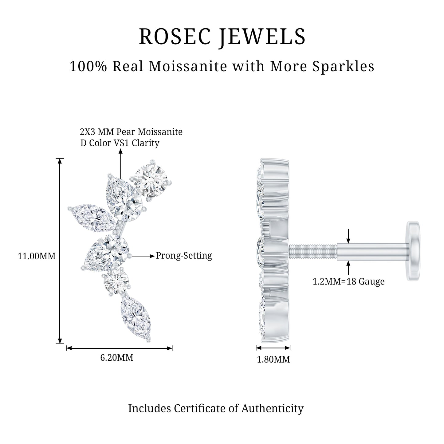 Certified Moissanite Curved Helix Earring for Women