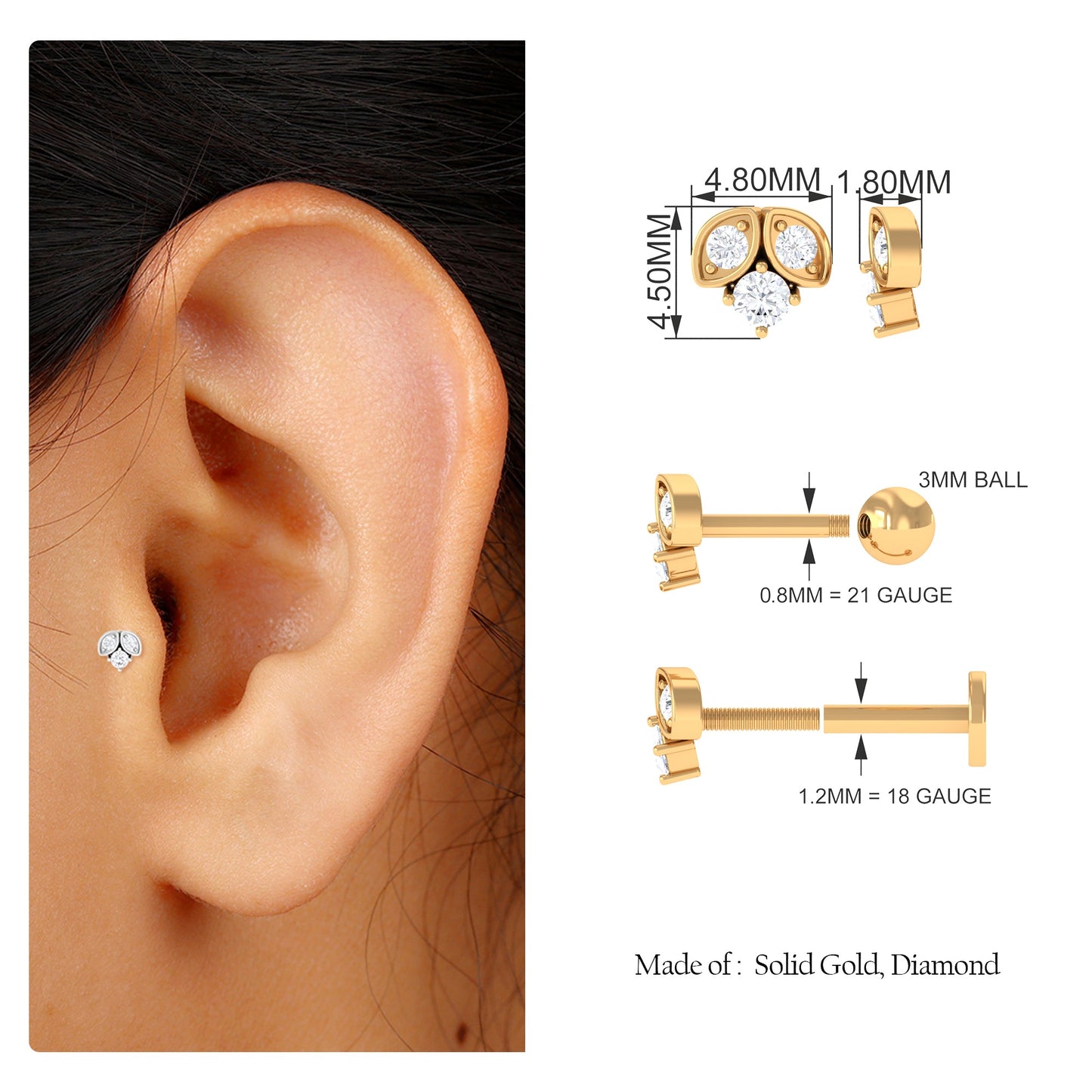 Genuine Diamond Tragus Earring with Flat Back