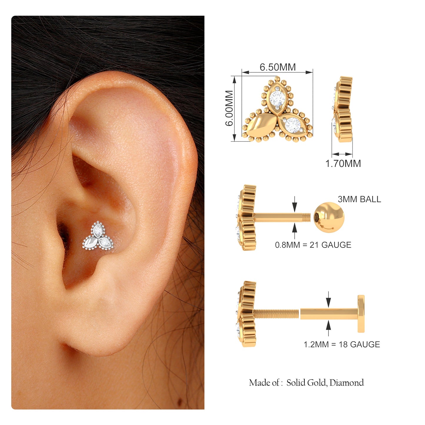 Natural Diamond Leaf Earring for Helix Piercing