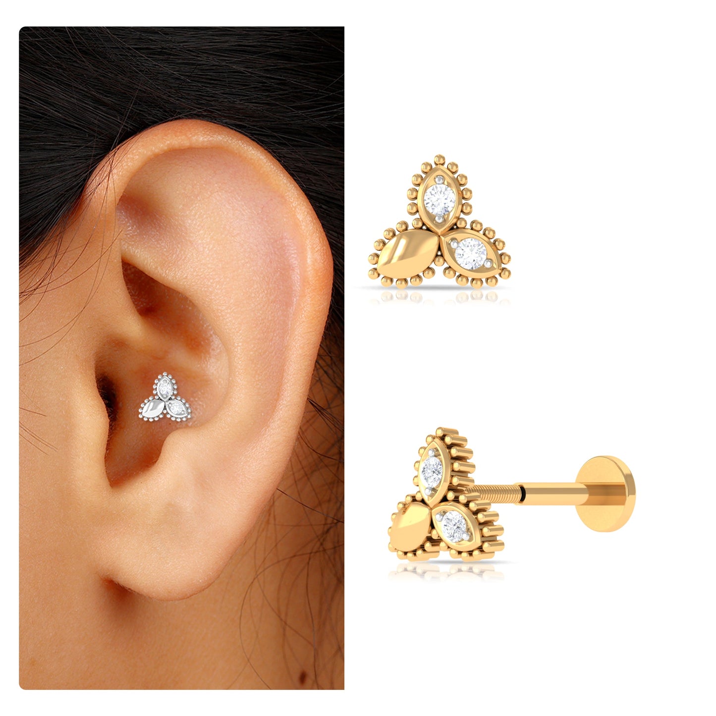 Natural Diamond Leaf Earring for Helix Piercing