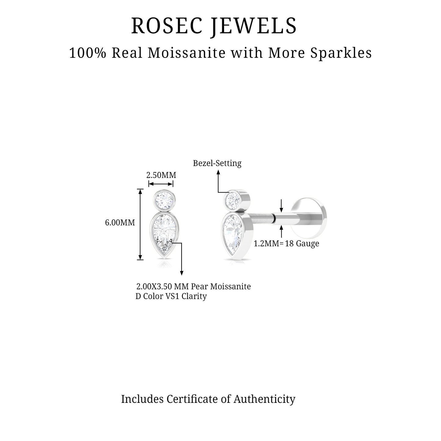 Dainty Pear and Round Cut Moissanite Tragus Earring