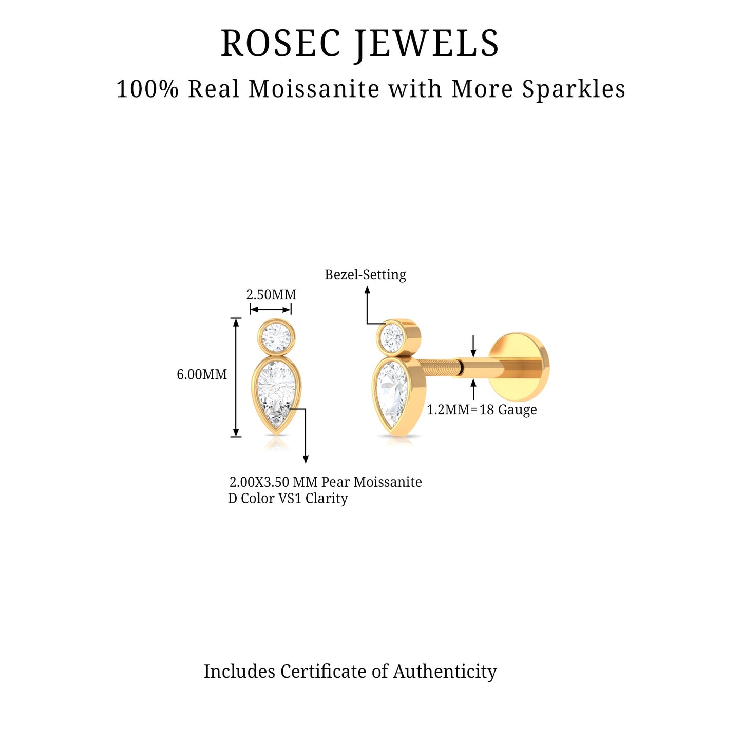Dainty Pear and Round Cut Moissanite Tragus Earring