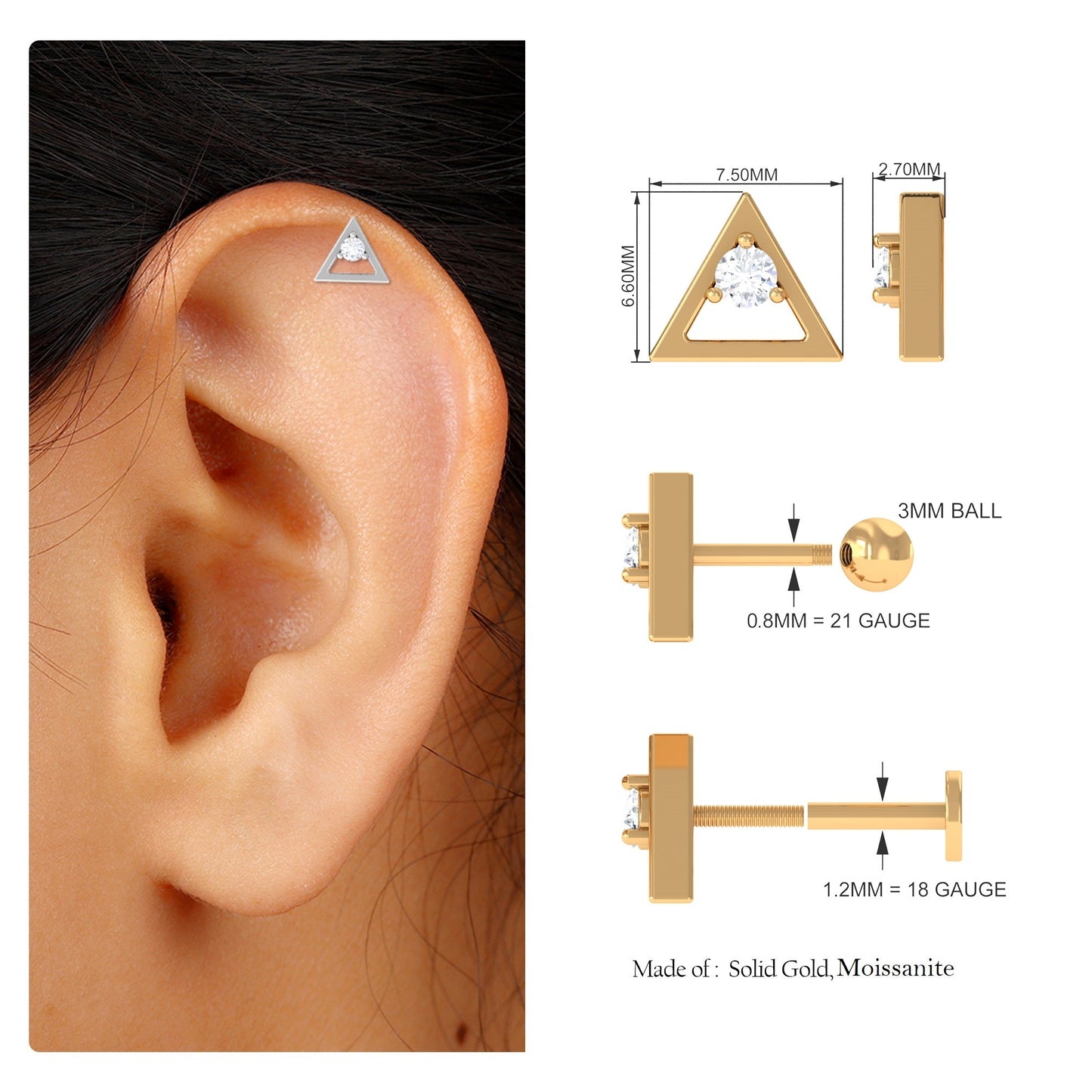 Round Moissanite Triangle Earring for Upper Lobe Piercing