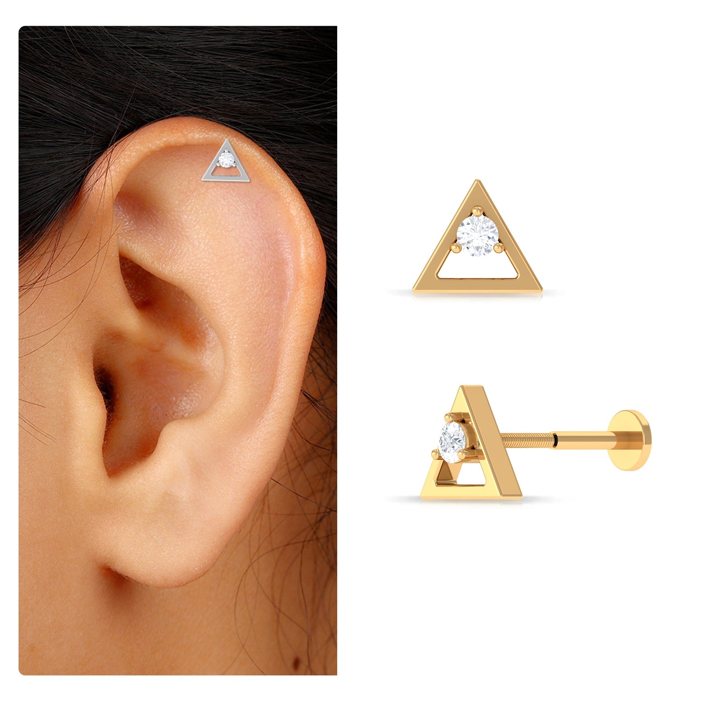 Round Moissanite Triangle Earring for Upper Lobe Piercing