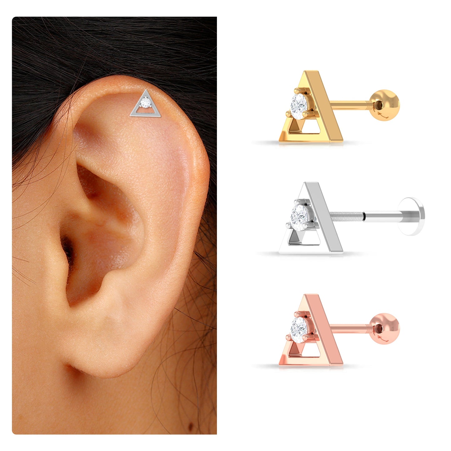 Round Moissanite Triangle Earring for Upper Lobe Piercing