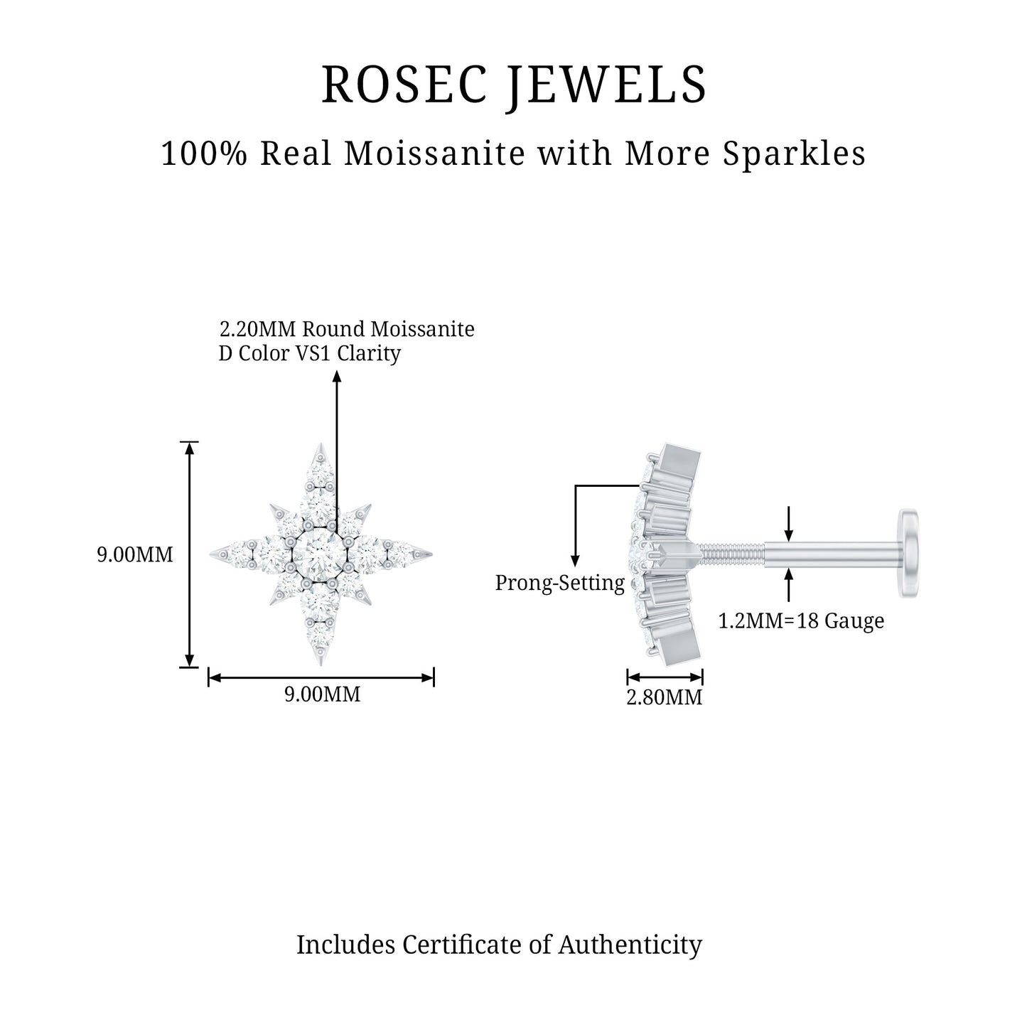 Moissanite Starburst Cartilage Earring with Flat Back