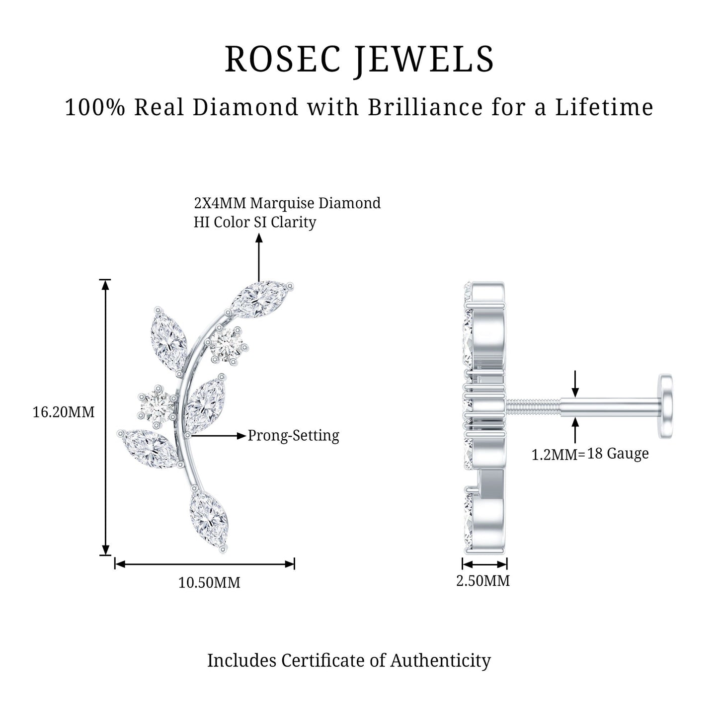 Womens Marquise Diamond Leaf Crawler Earring