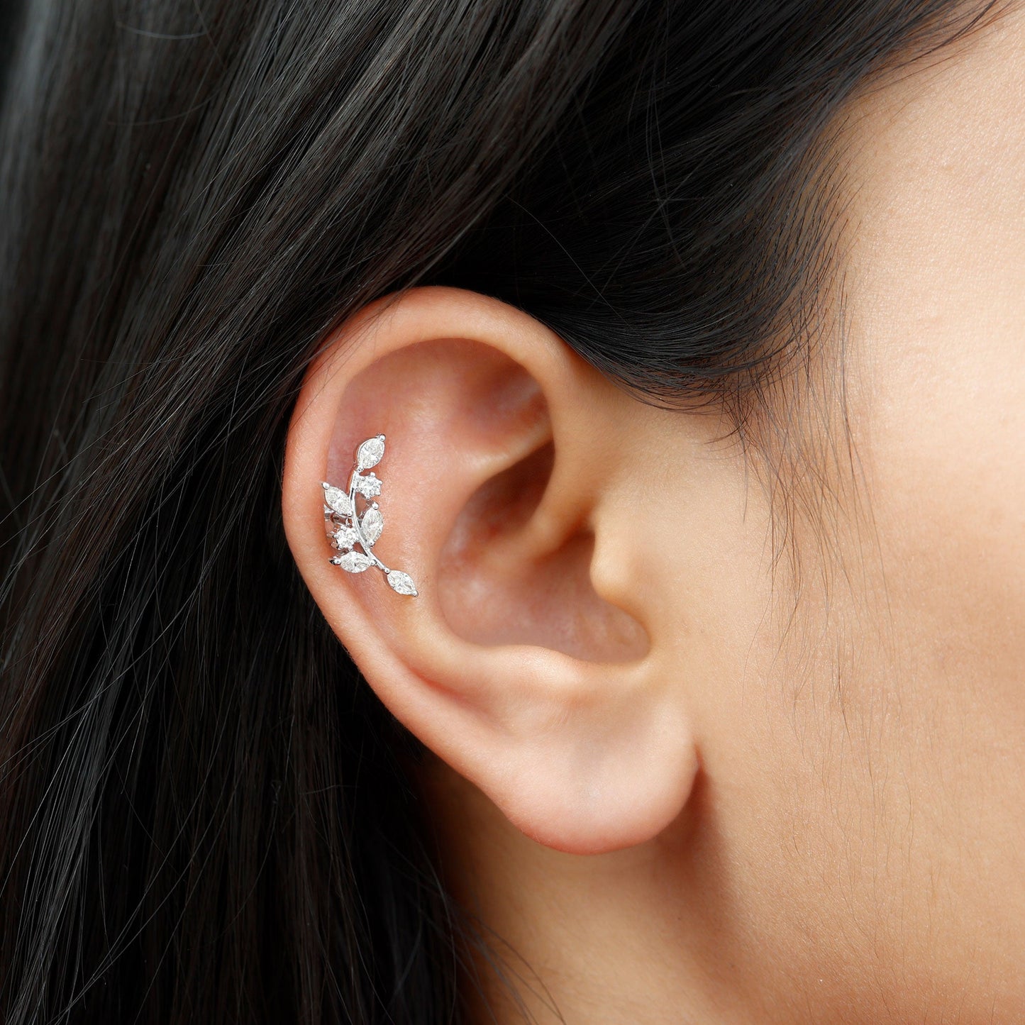 Womens Marquise Diamond Leaf Crawler Earring