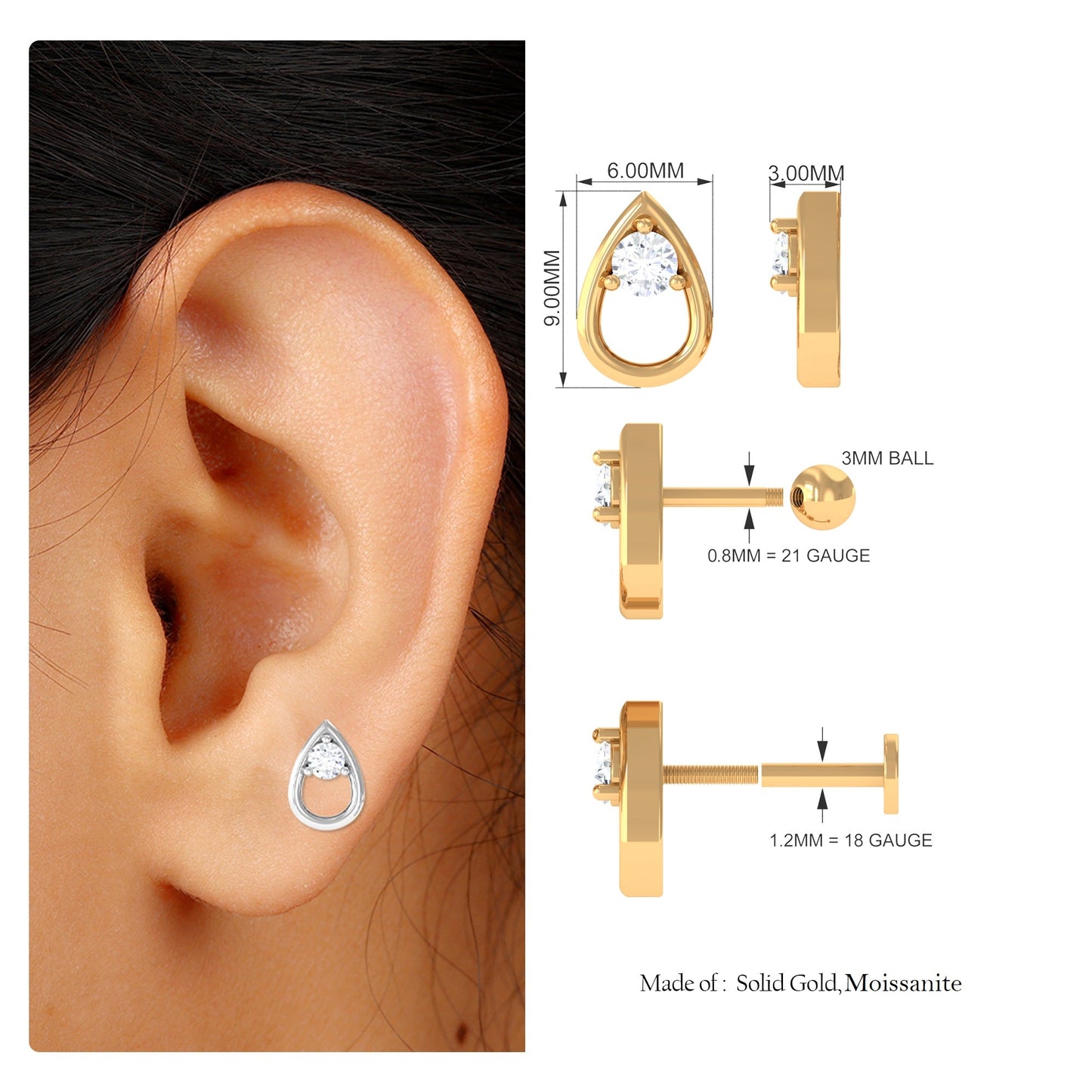 Round Moissanite Teardrop Helix Earring