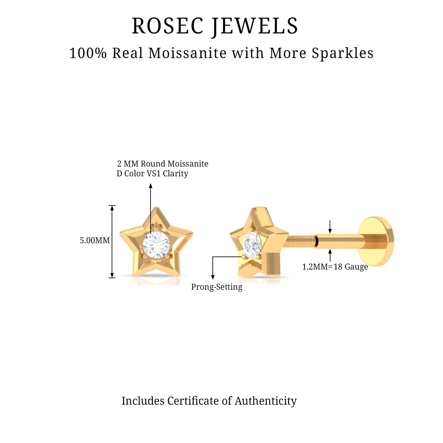 Solitaire Moissanite Star Earring for Conch Piercing
