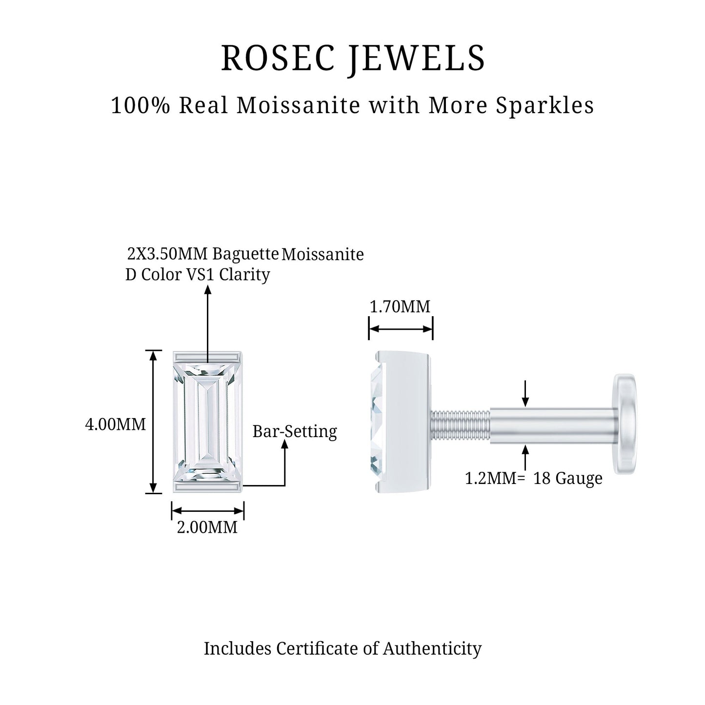 Baguette Moissanite Tragus Earring in Bar Setting