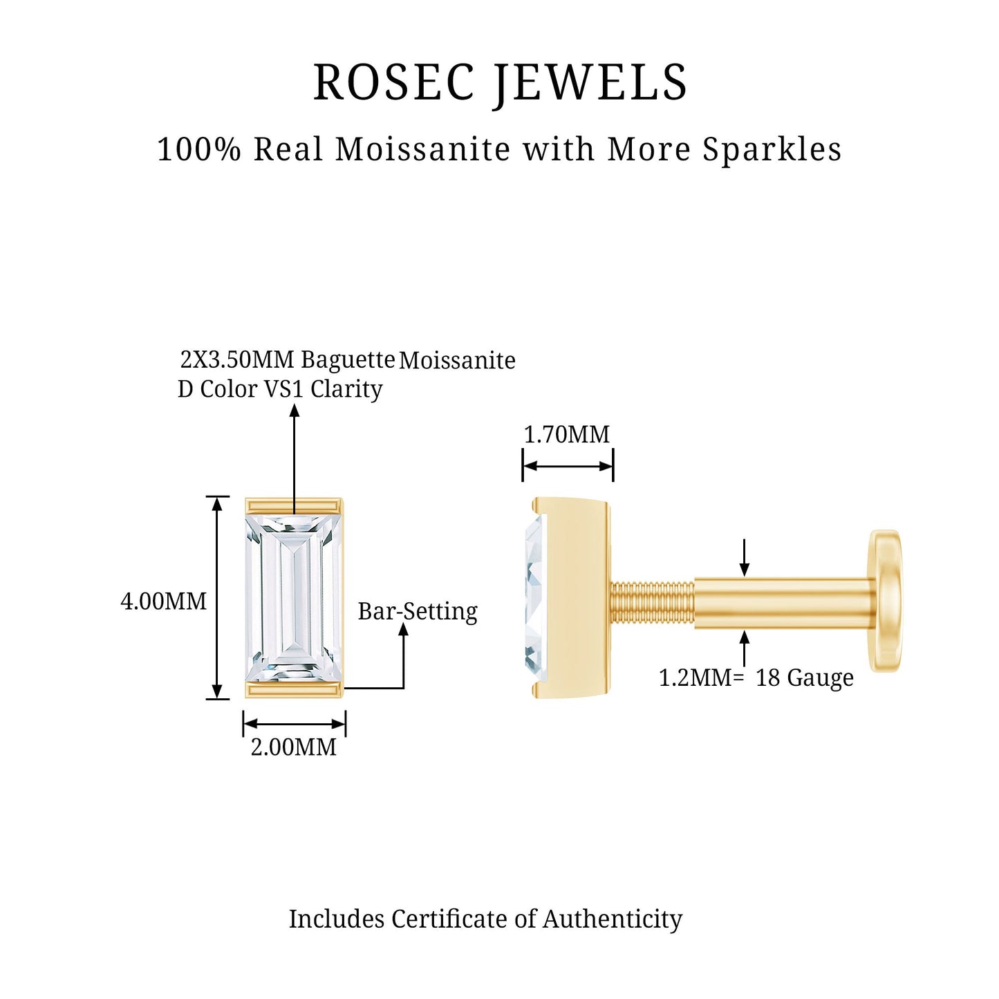 Baguette Moissanite Tragus Earring in Bar Setting