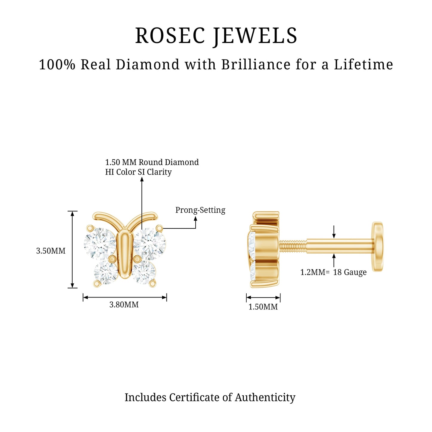 Natural Diamond Butterfly Earring for Cartilage Piercing