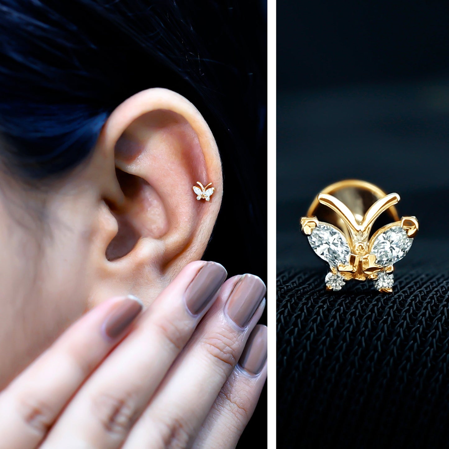Natural Diamond Butterfly Earring for Helix Piercing