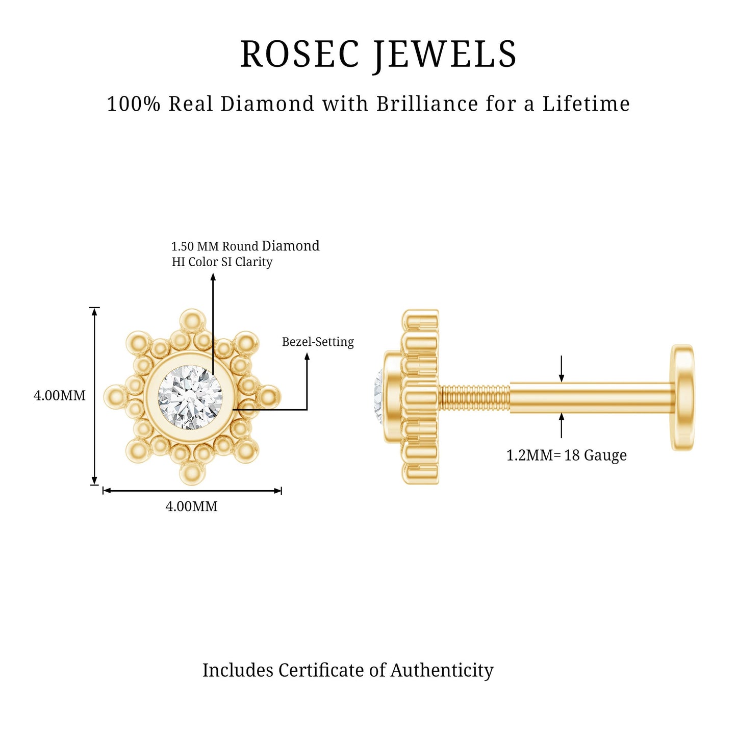 Minimal Diamond Cartilage Earring Stud with Flat Back