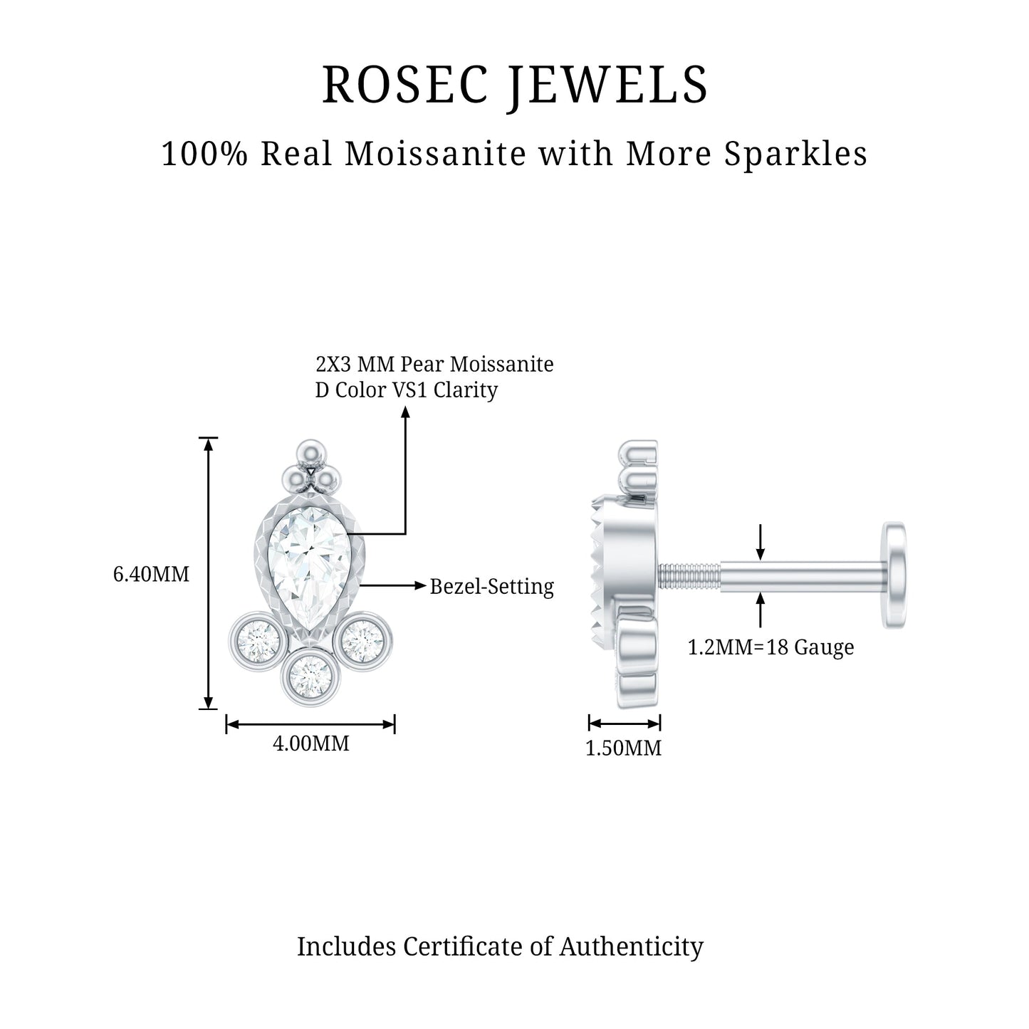Vintage Style Moissanite Tragus Earring in Bezel Setting