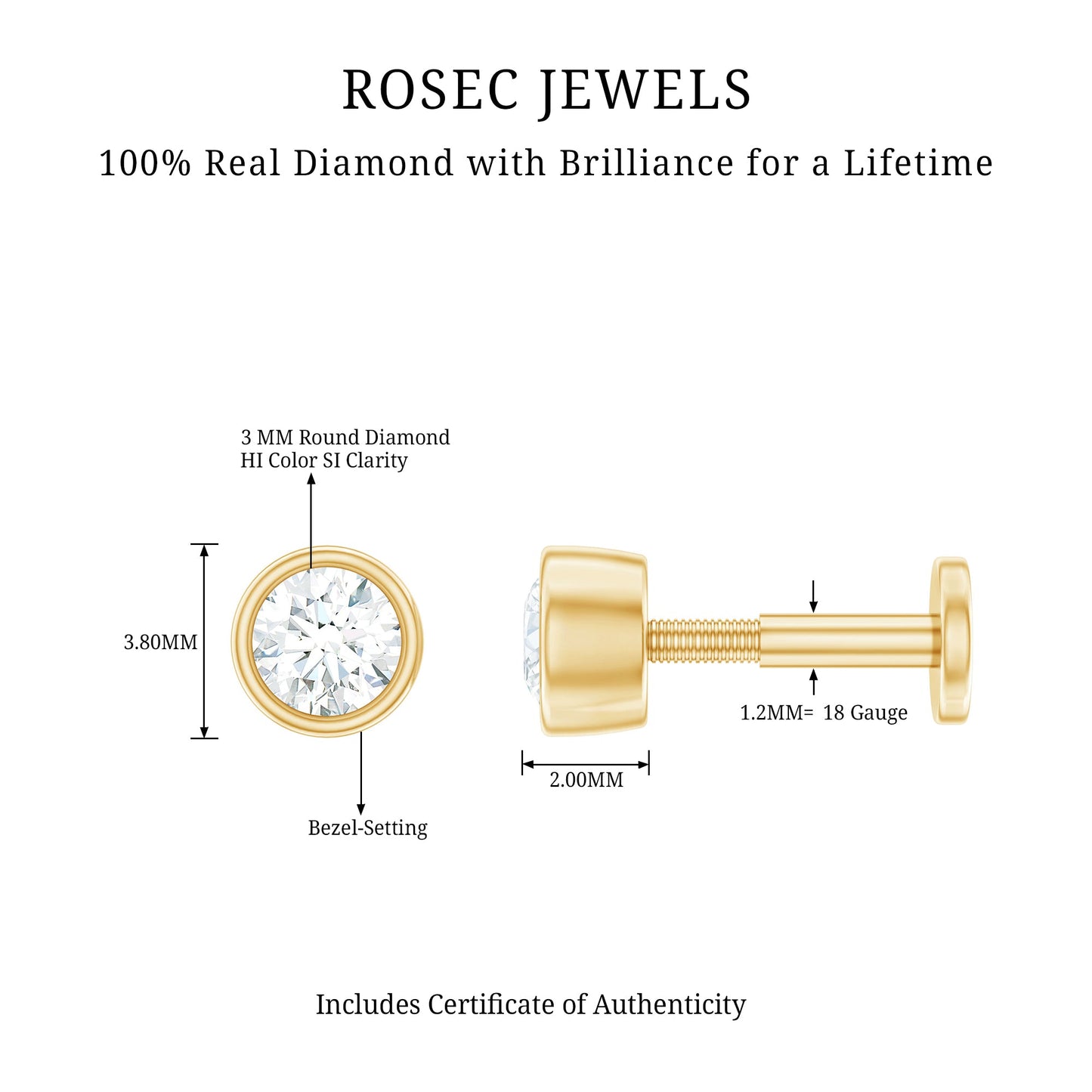 Bezel Set Diamond Cartilage Earring with Flat Back