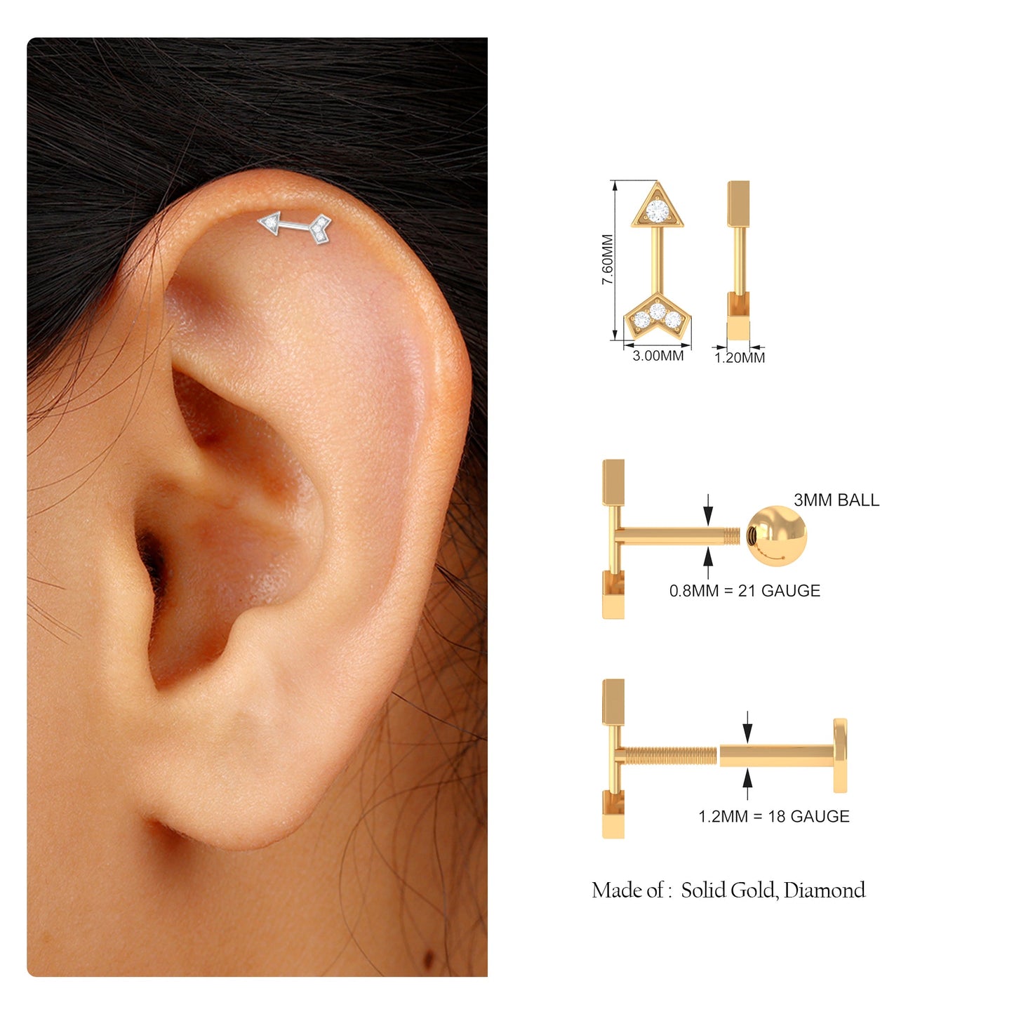 Genuine Diamond Arrow Earring for Helix Piercing