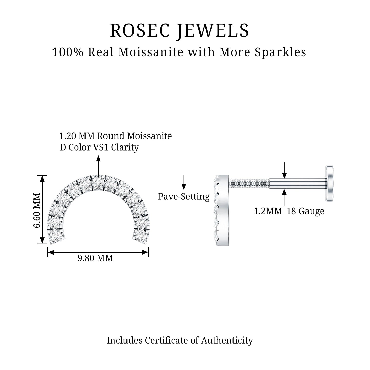 Moissanite Half Circle Earring for Helix Piercing
