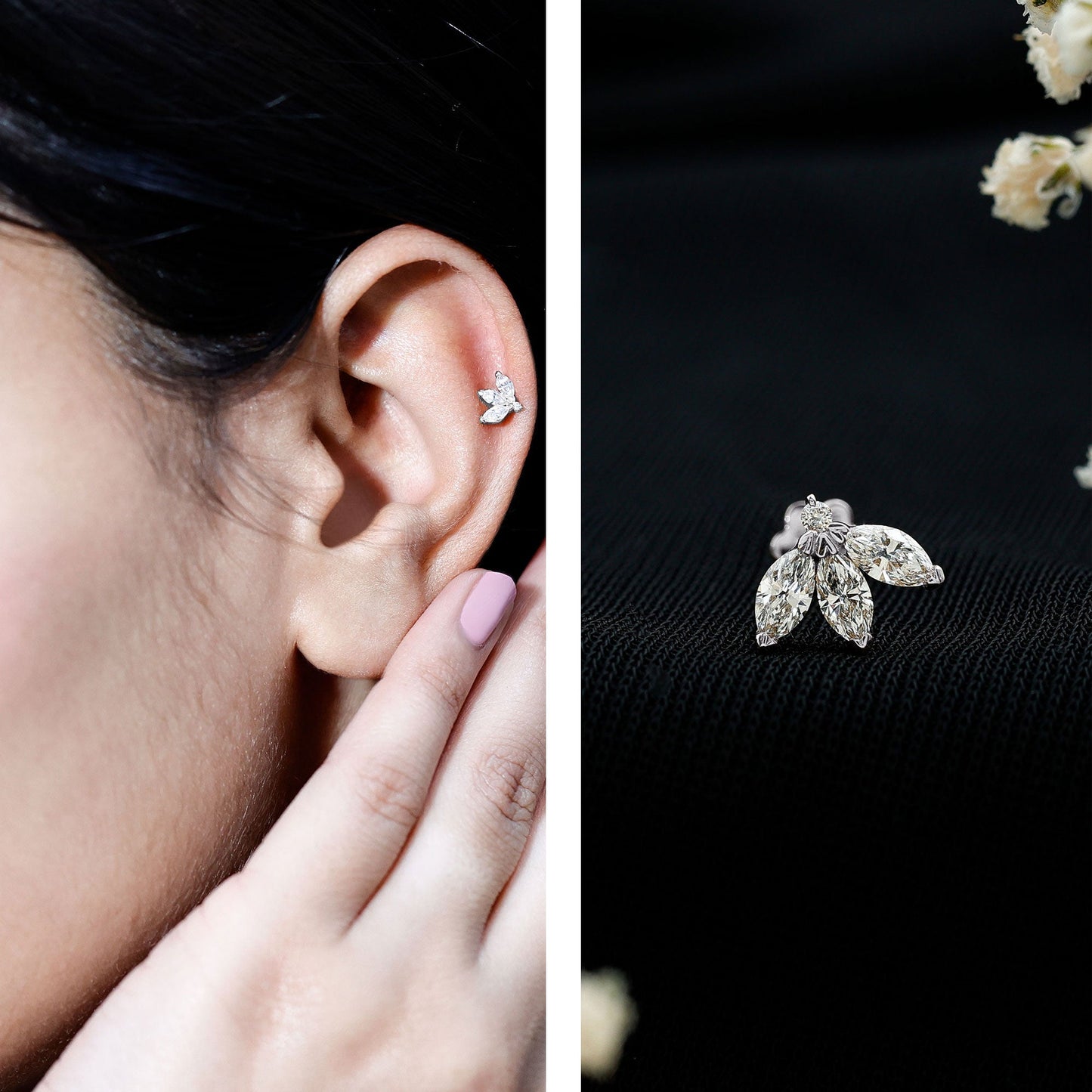 Marquise Moissanite Lotus Flower Helix Earring