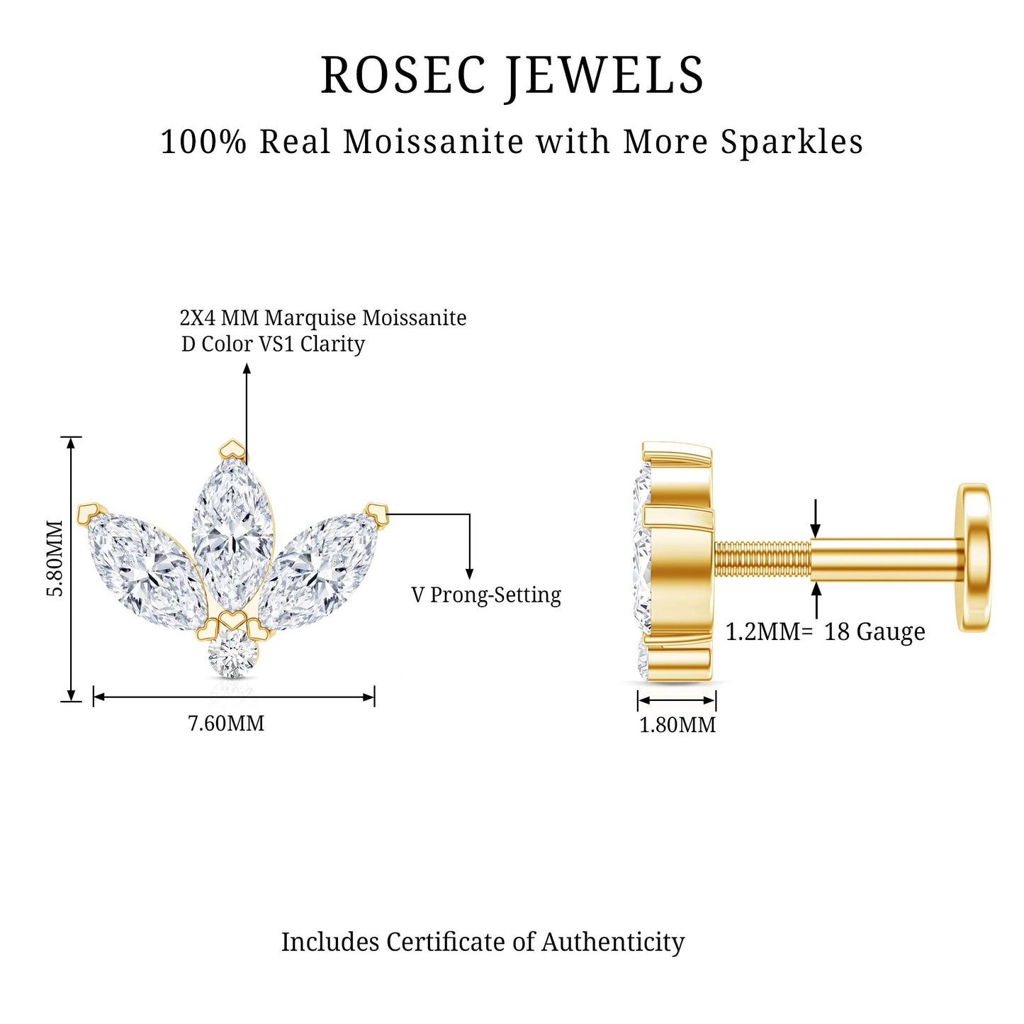 Marquise Moissanite Lotus Flower Helix Earring