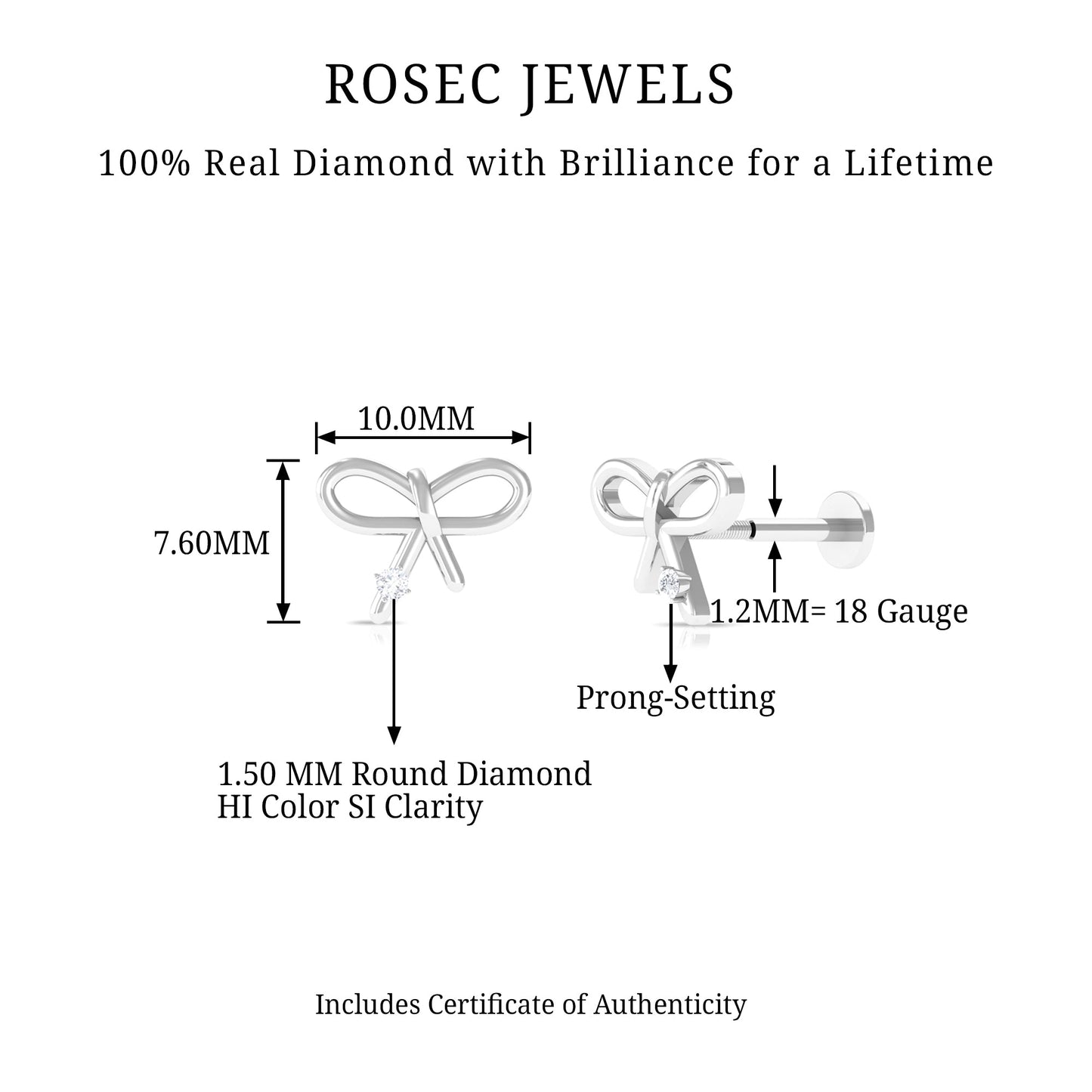 Natural Diamond Bow Earring for Cartilage Piercing