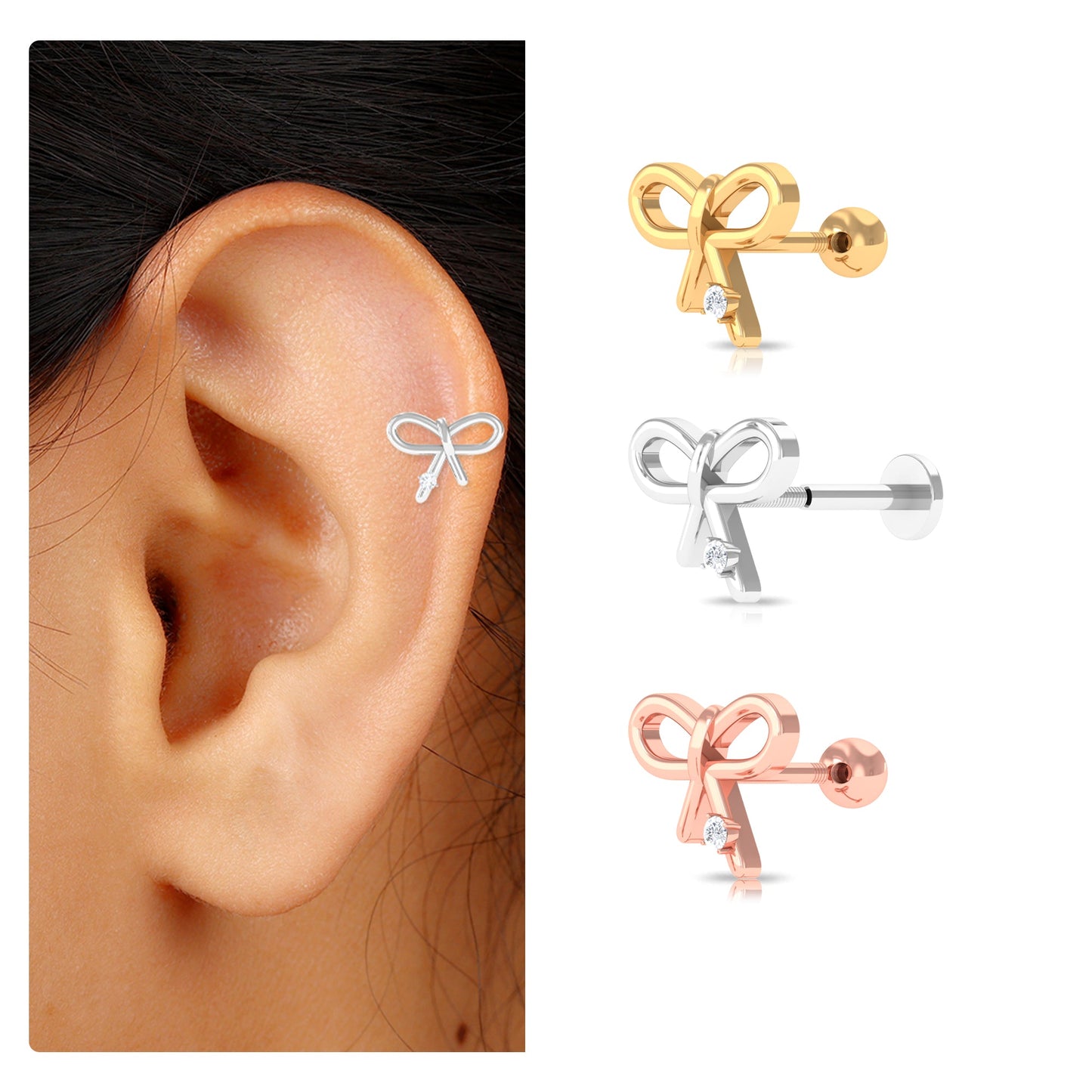 Natural Diamond Bow Earring for Cartilage Piercing