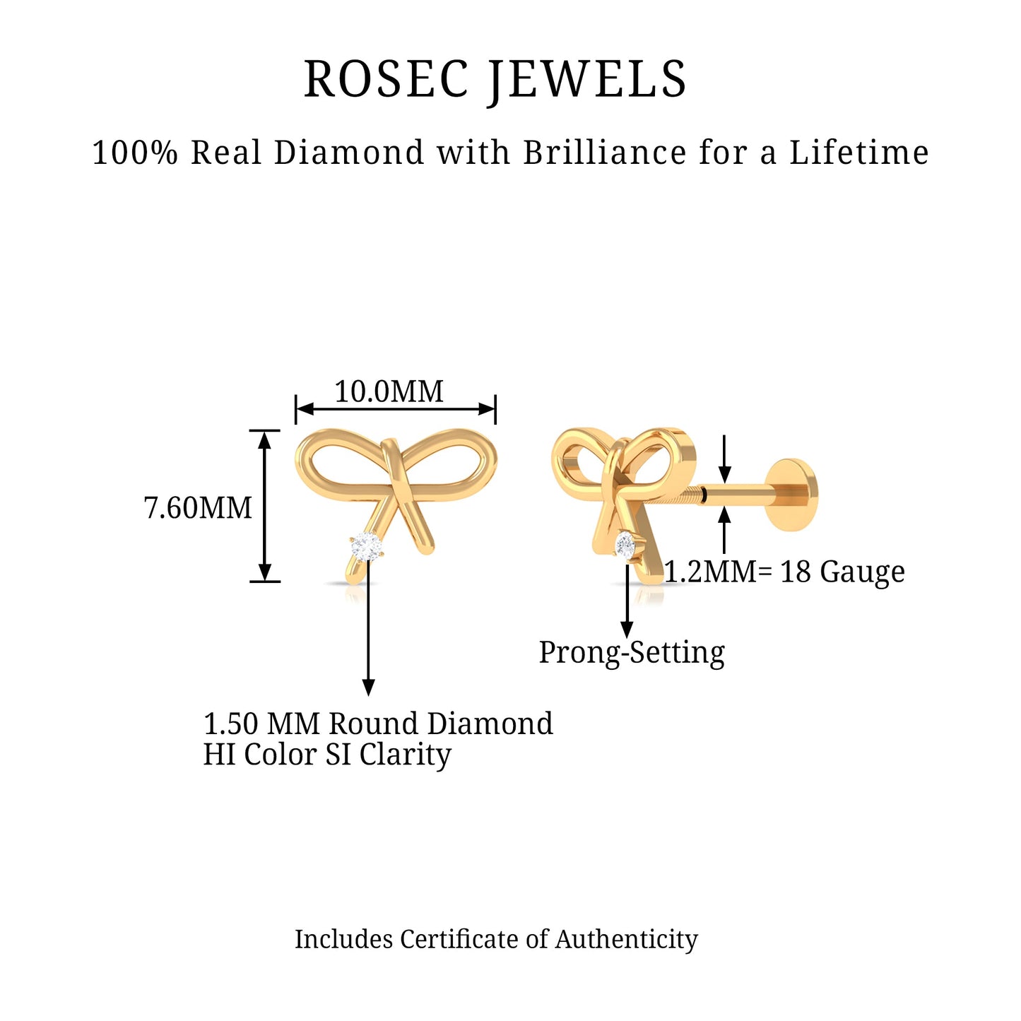 Natural Diamond Bow Earring for Cartilage Piercing